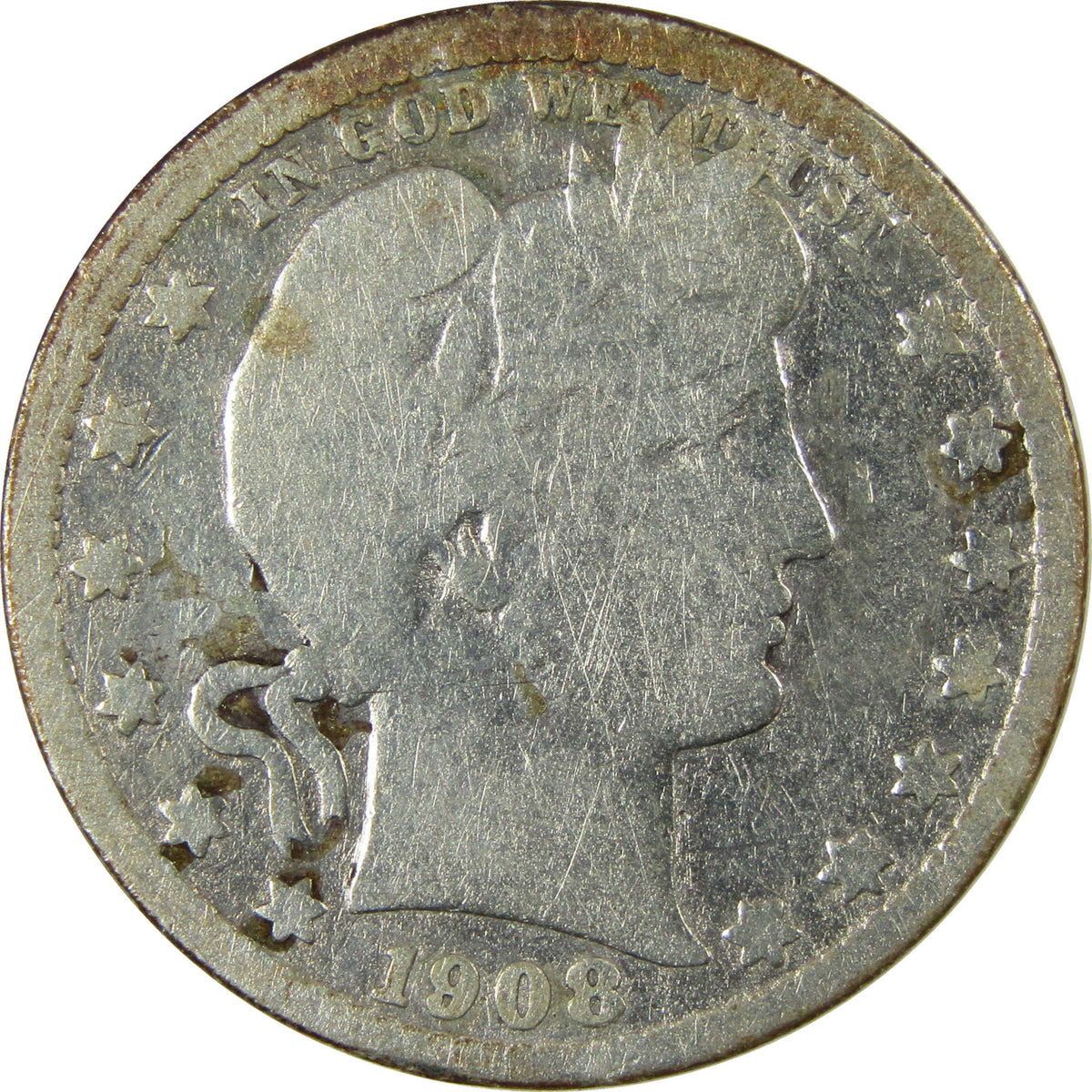 1908 S Barber Silver Quarter G Good Details 25c Coin SKU:I28525