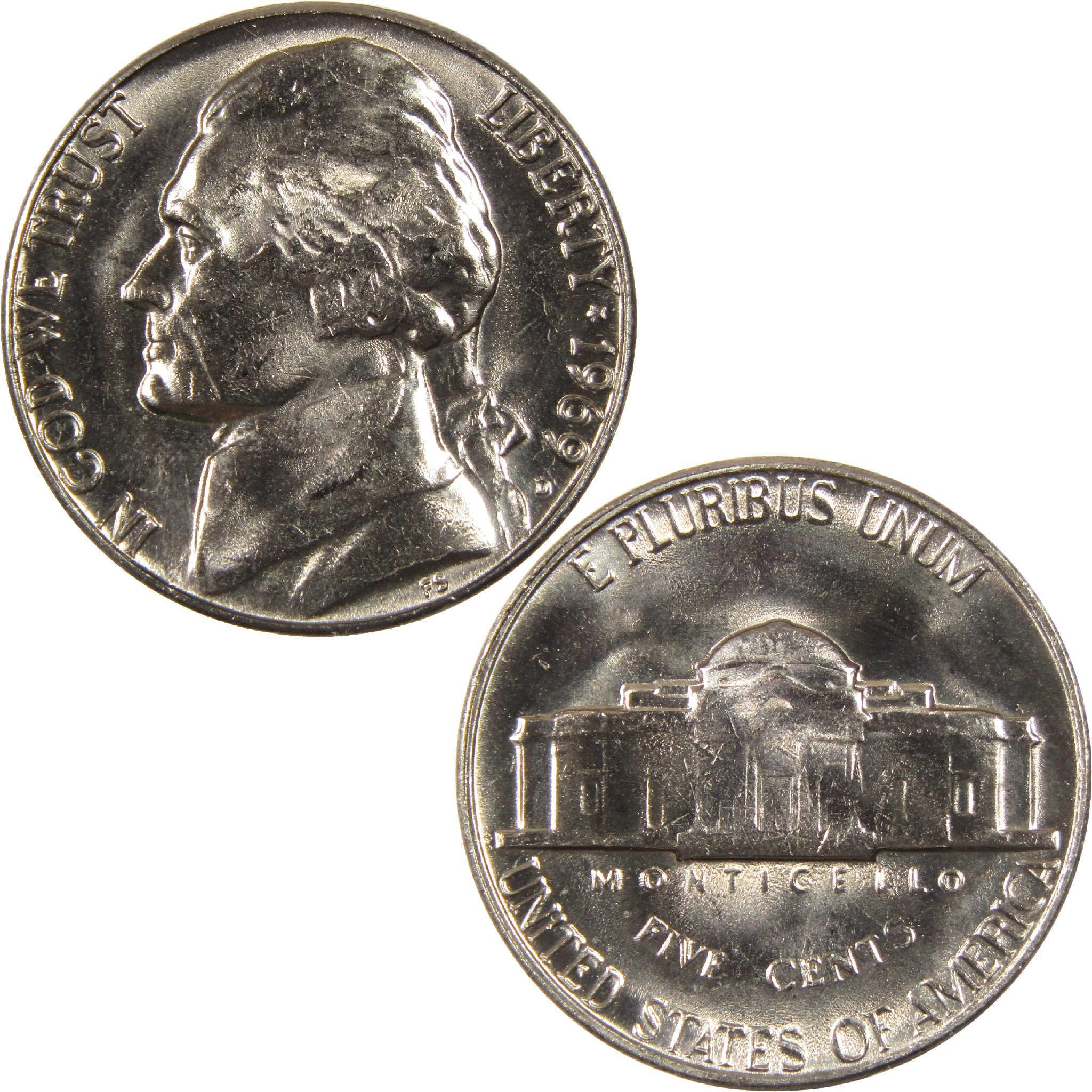 1969 Jefferson nickel collectible US coin, obverse with portrait and reverse with Monticello.