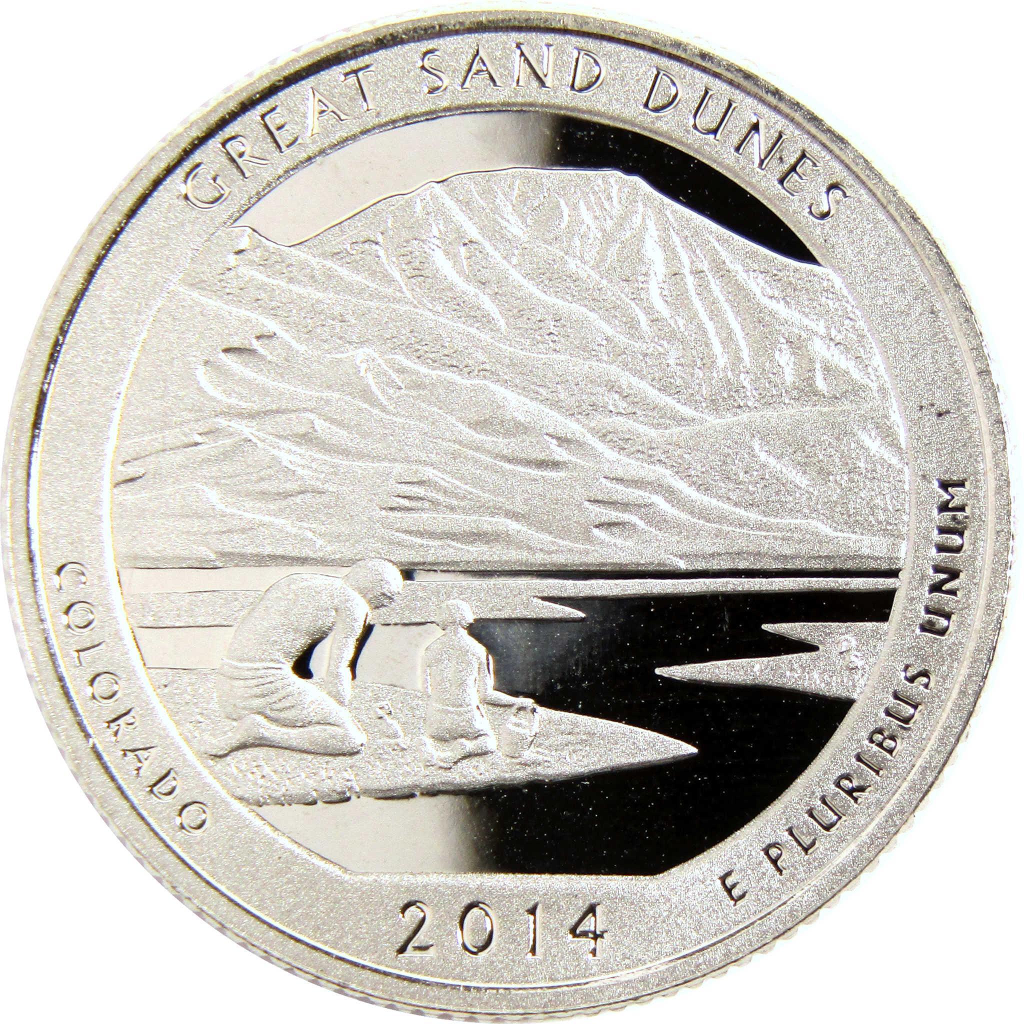 2014 Great Sand Dunes Colorado quarter featuring two people by water with mountains.