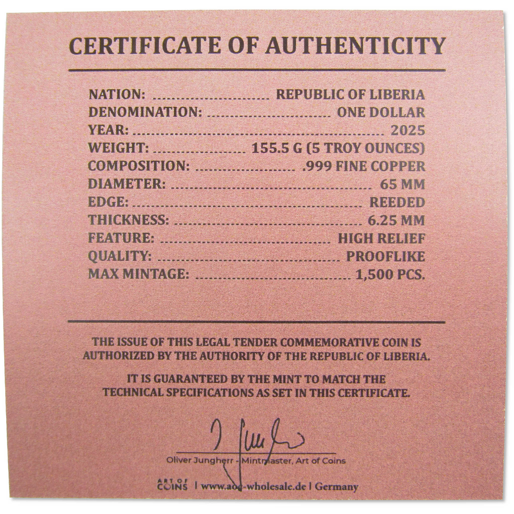 End of World War II 80th Anniversary 5 oz Copper $1 Liberia SKU:OPC222