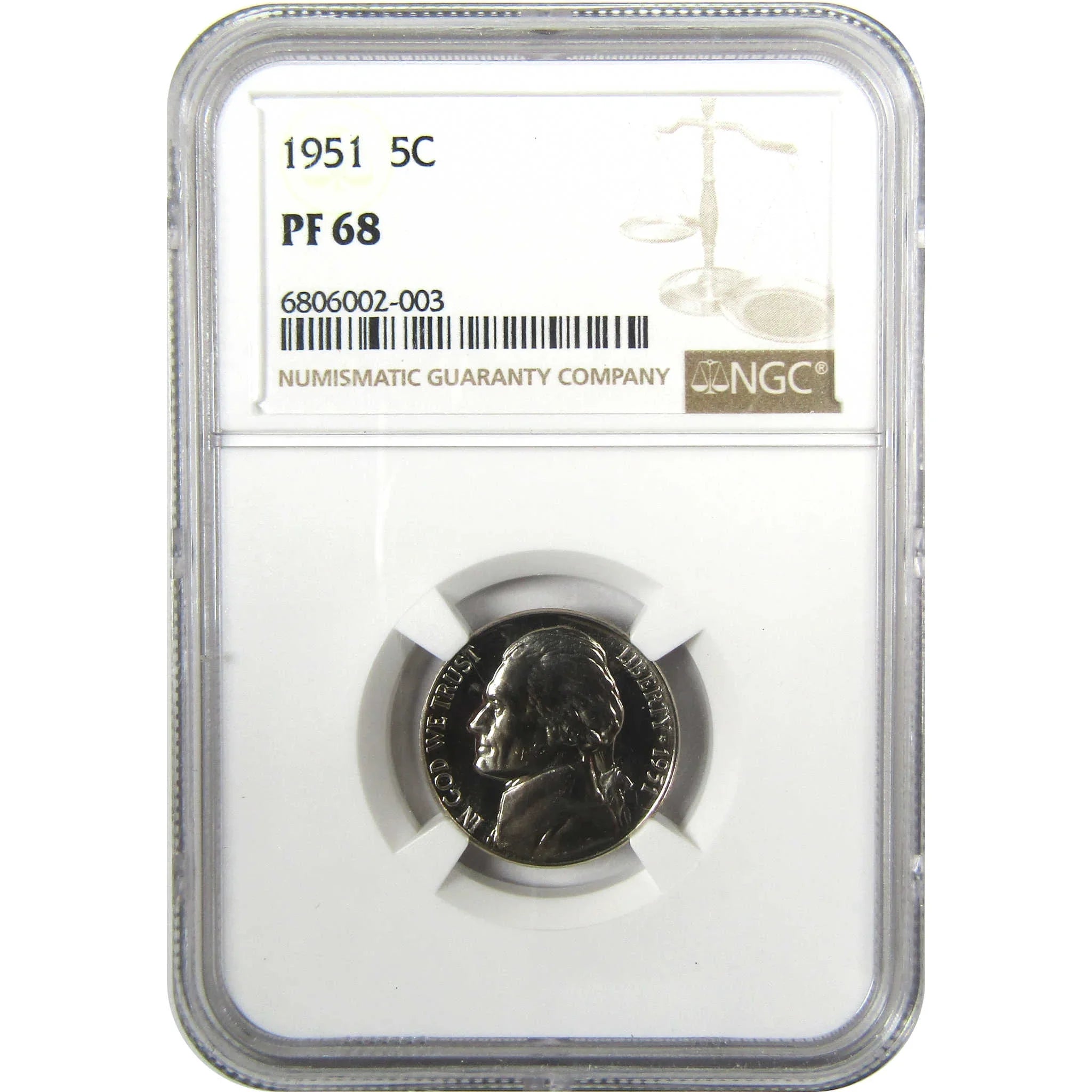 1951 Jefferson Nickel PF 68 NGC Proof 5c Coin Collectible SKU:I27337