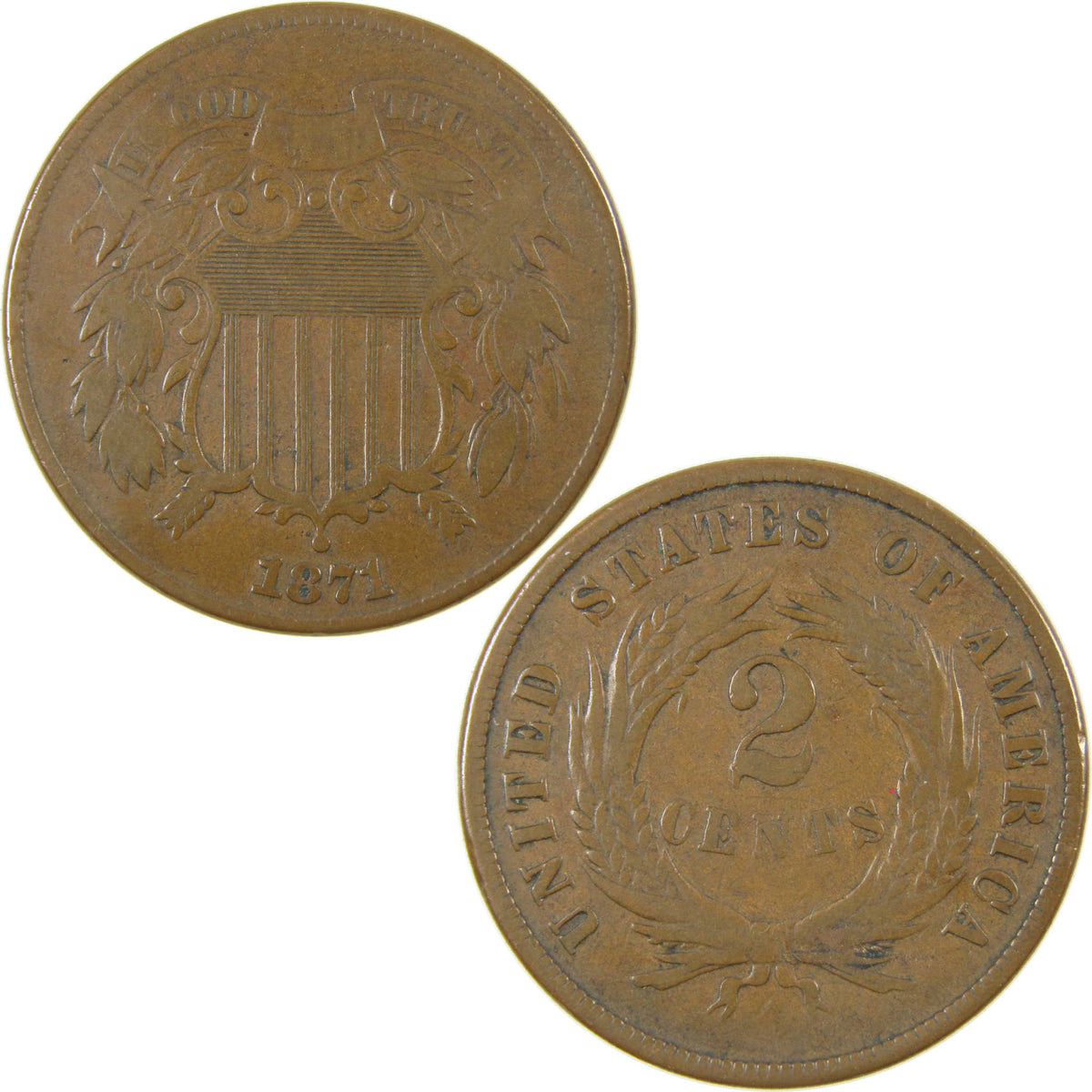 1871 Two Cent Piece F Fine 2c Coin Collectible