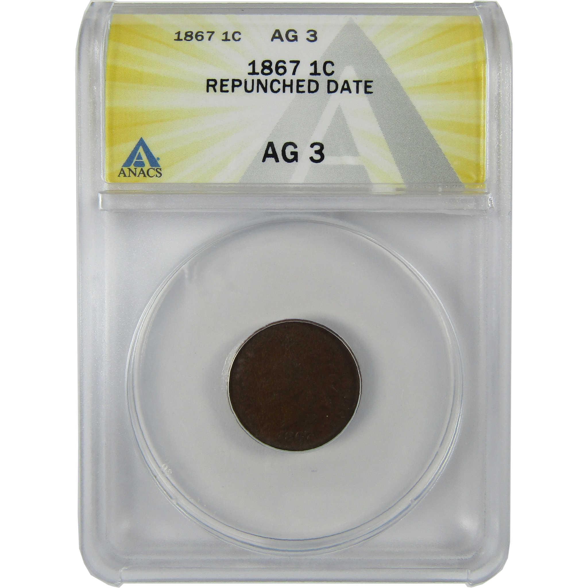 1867 Repunched Date Indian Head Cent AG 3 ANACS Penny SKU:CP630