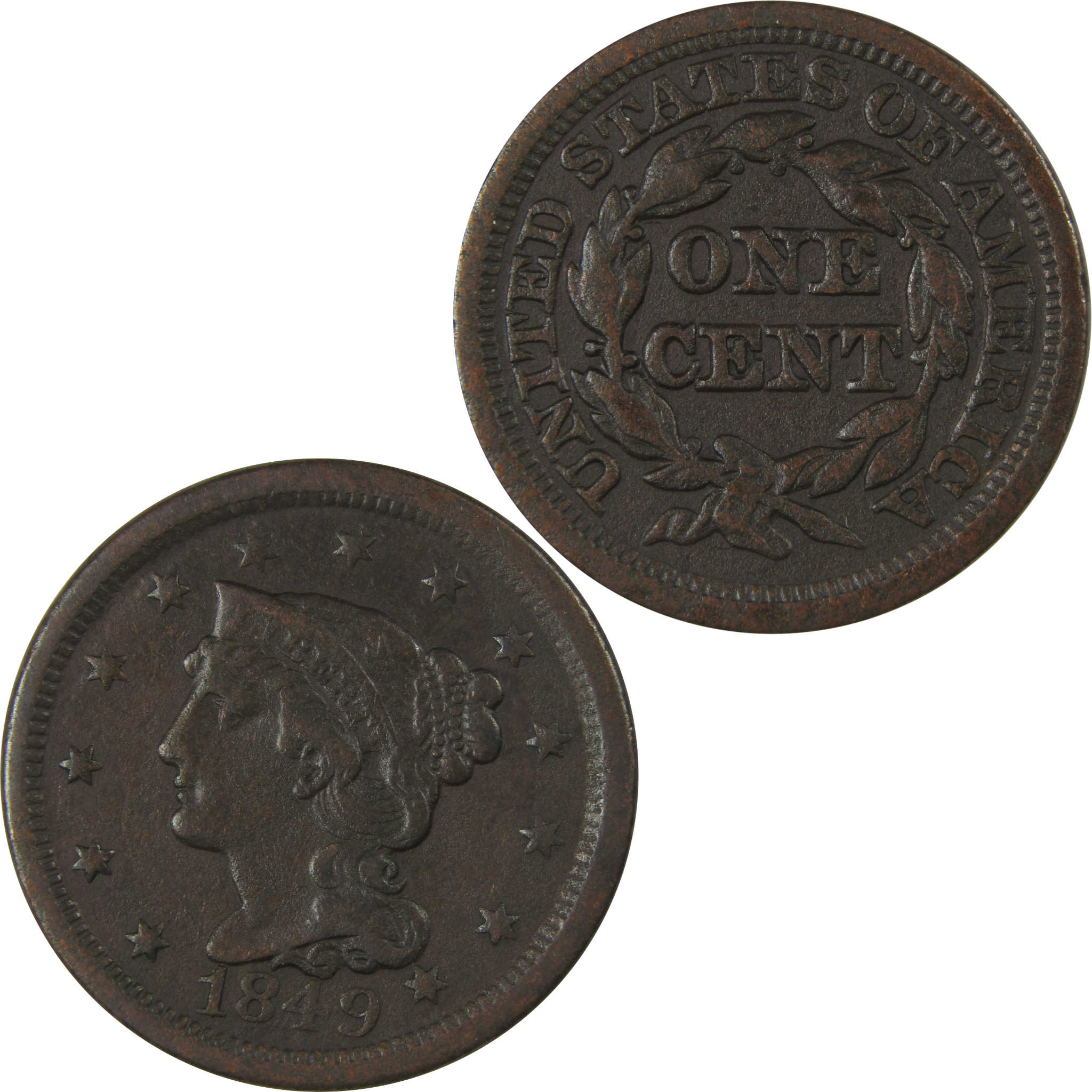1849 Braided Hair Copper Large Cent VF Very Fine Details SKU:I23880