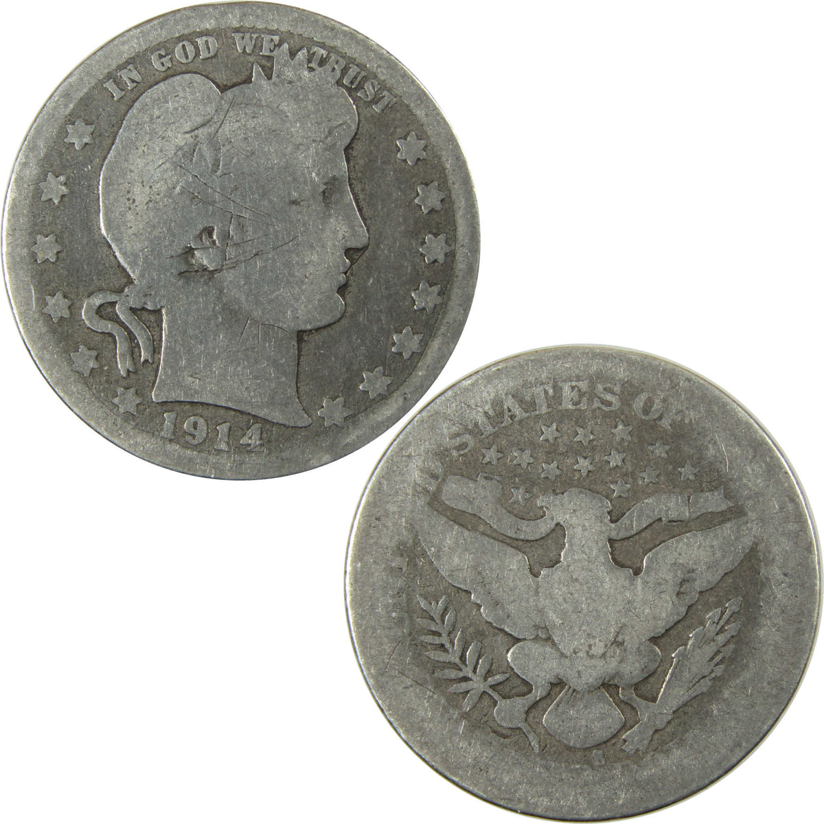 1914 S Barber Silver Quarter AG About Good Details 25c Coin SKU:I28524