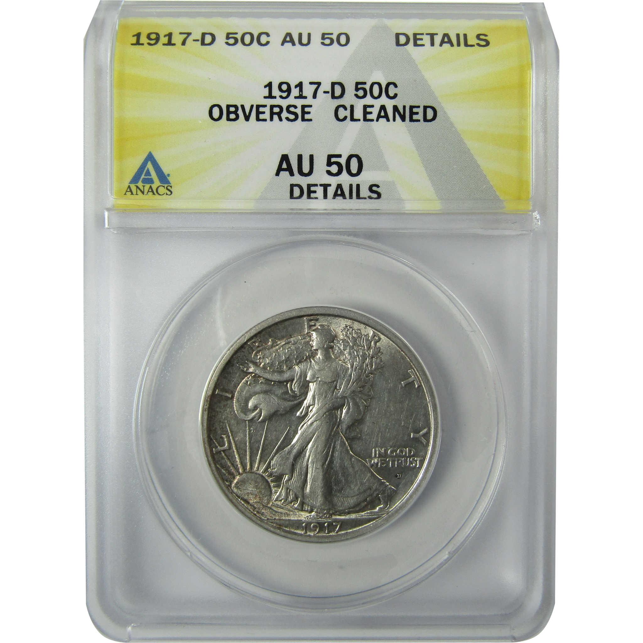 1917 D Obverse Liberty Walking Silver 50c AU Details SKU:CP557