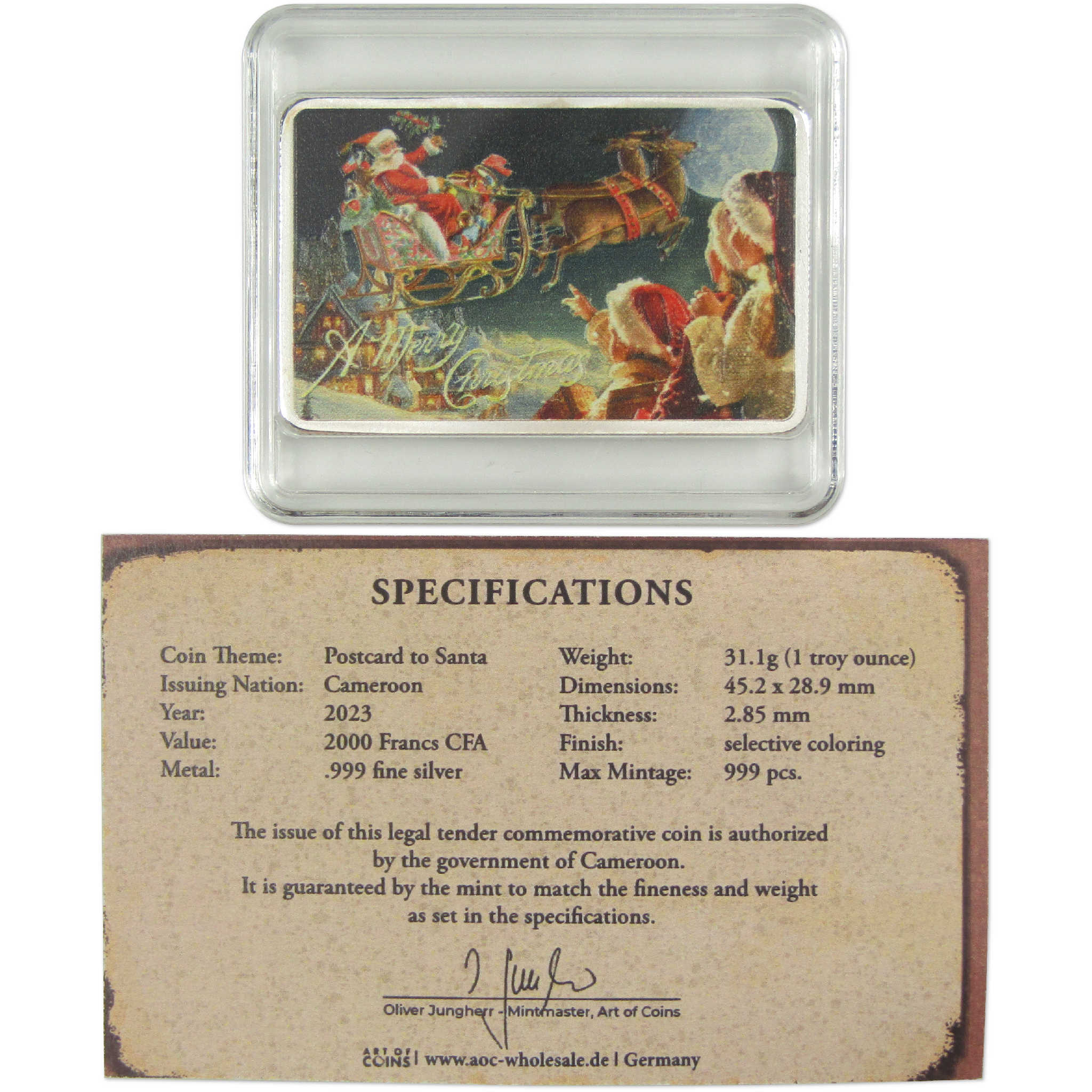 Postcard to Santa 2000 Franc CFA BU 1 oz .999 Silver 2023 Cameroon COA