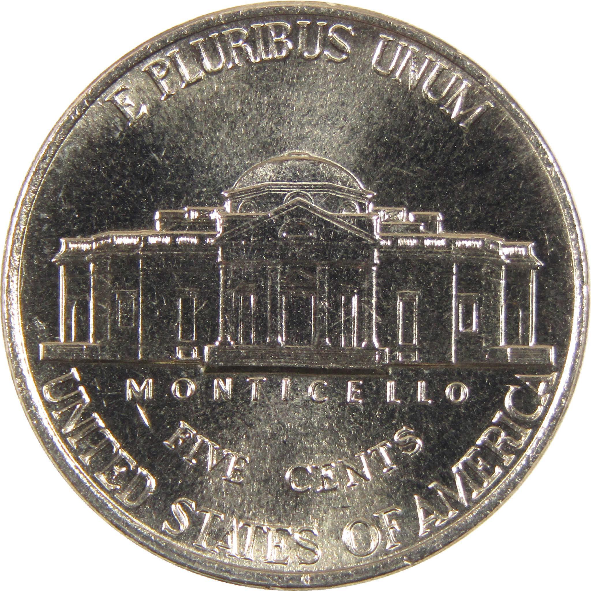 Reverse of a Jefferson nickel featuring Monticello building and five cents denomination