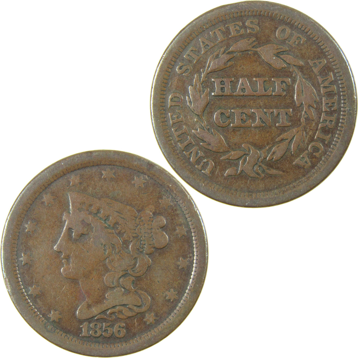 1856 Braided Hair Copper Half Cent VG Very Good 1/2c Coin Collectible