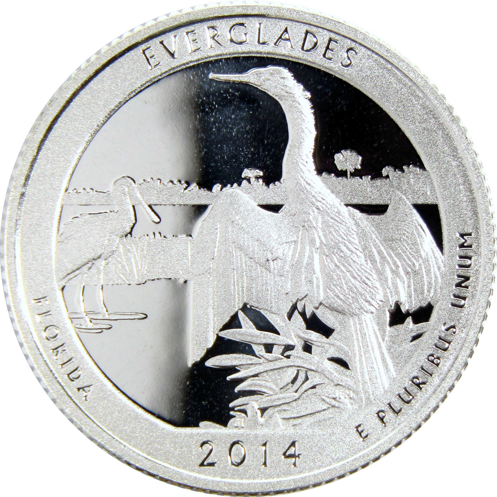 2014 Everglades Florida quarter featuring wading birds and wetland scene