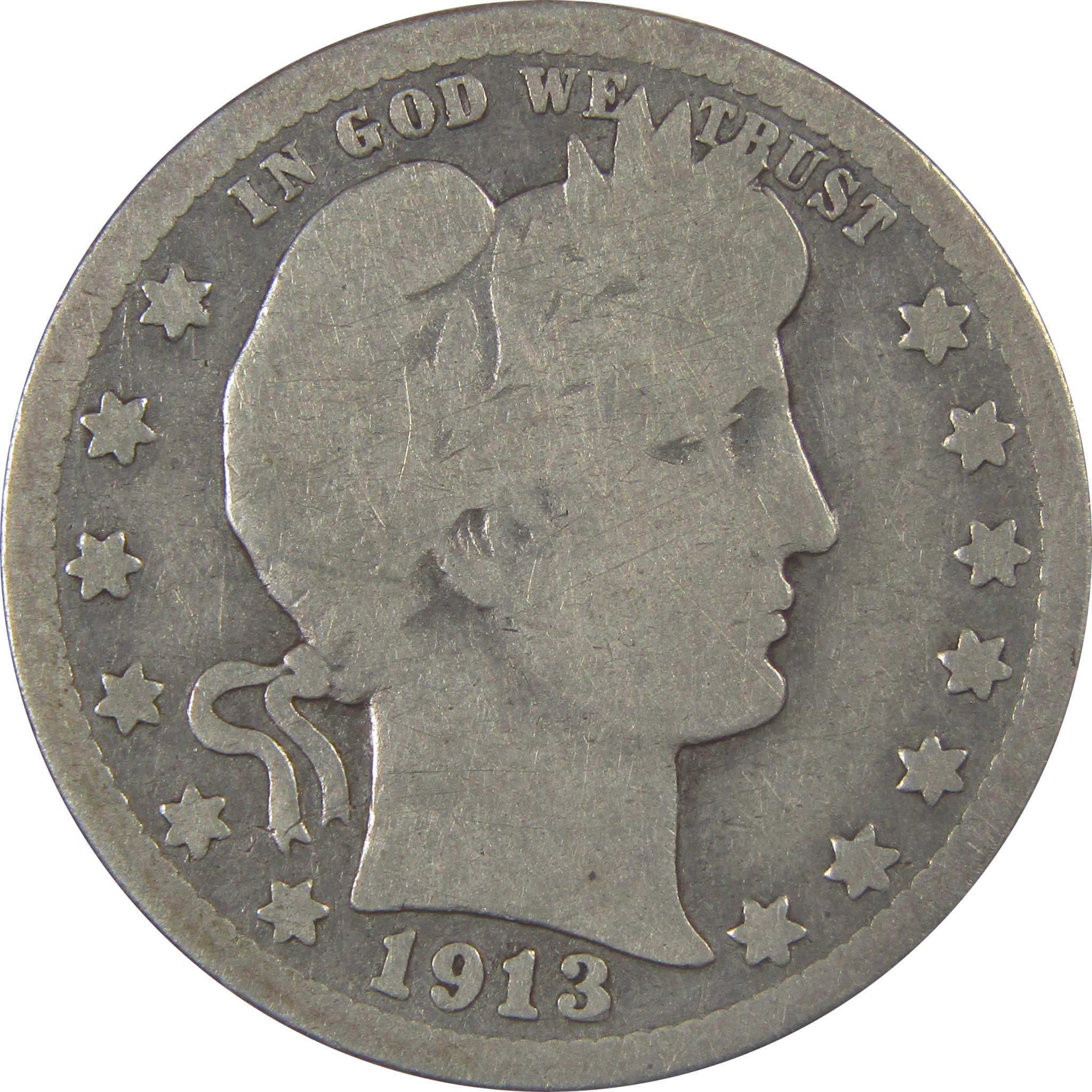 1913 Barber Silver Quarter G Good 25c Coin SKU:I24587