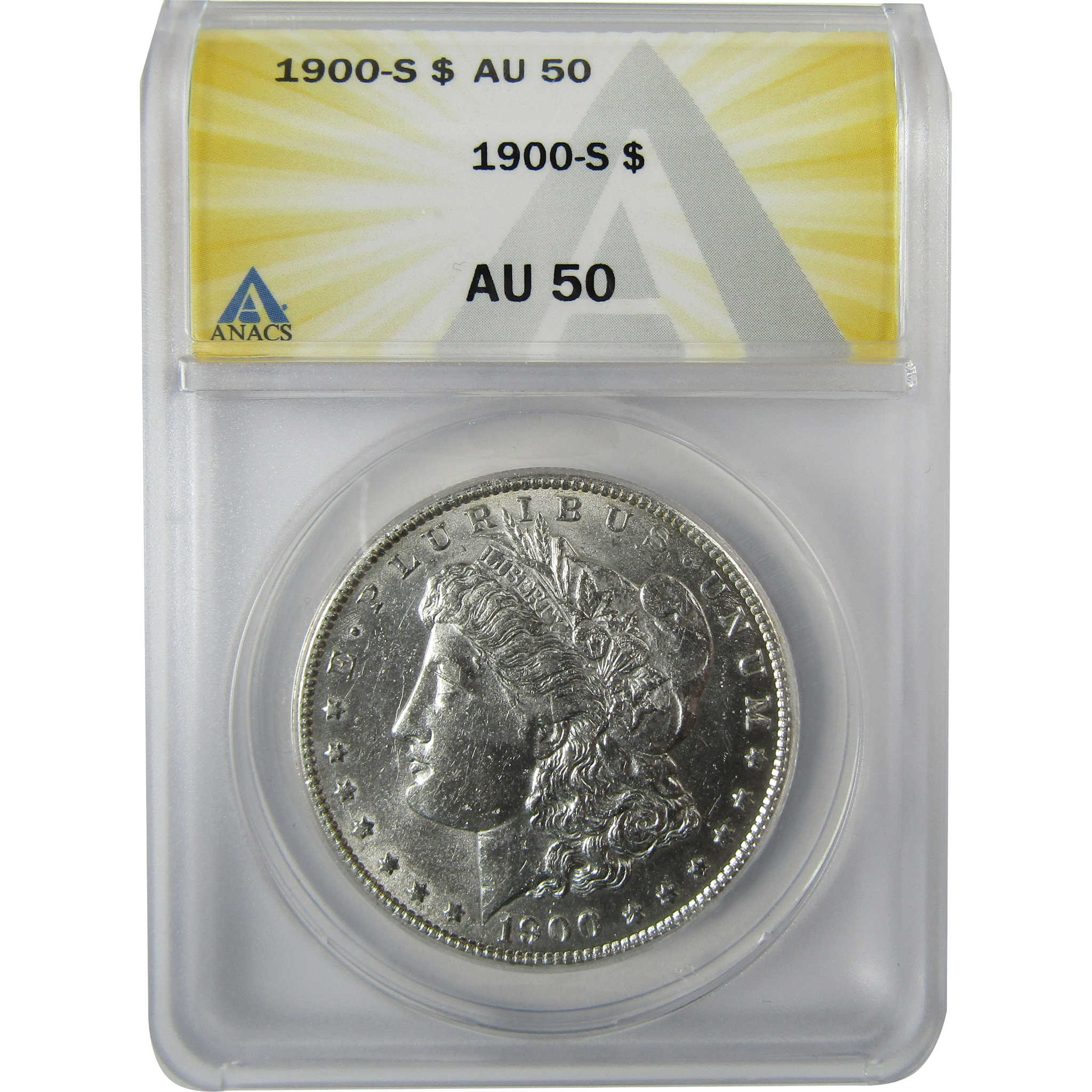 1900 S Morgan Silver Dollar AU 50 ANACS $1 Coin Collectible SKU:CP854 - Morgan coin - Morgan silver dollar - Morgan silver dollar for sale - Profile Coins & Collectibles