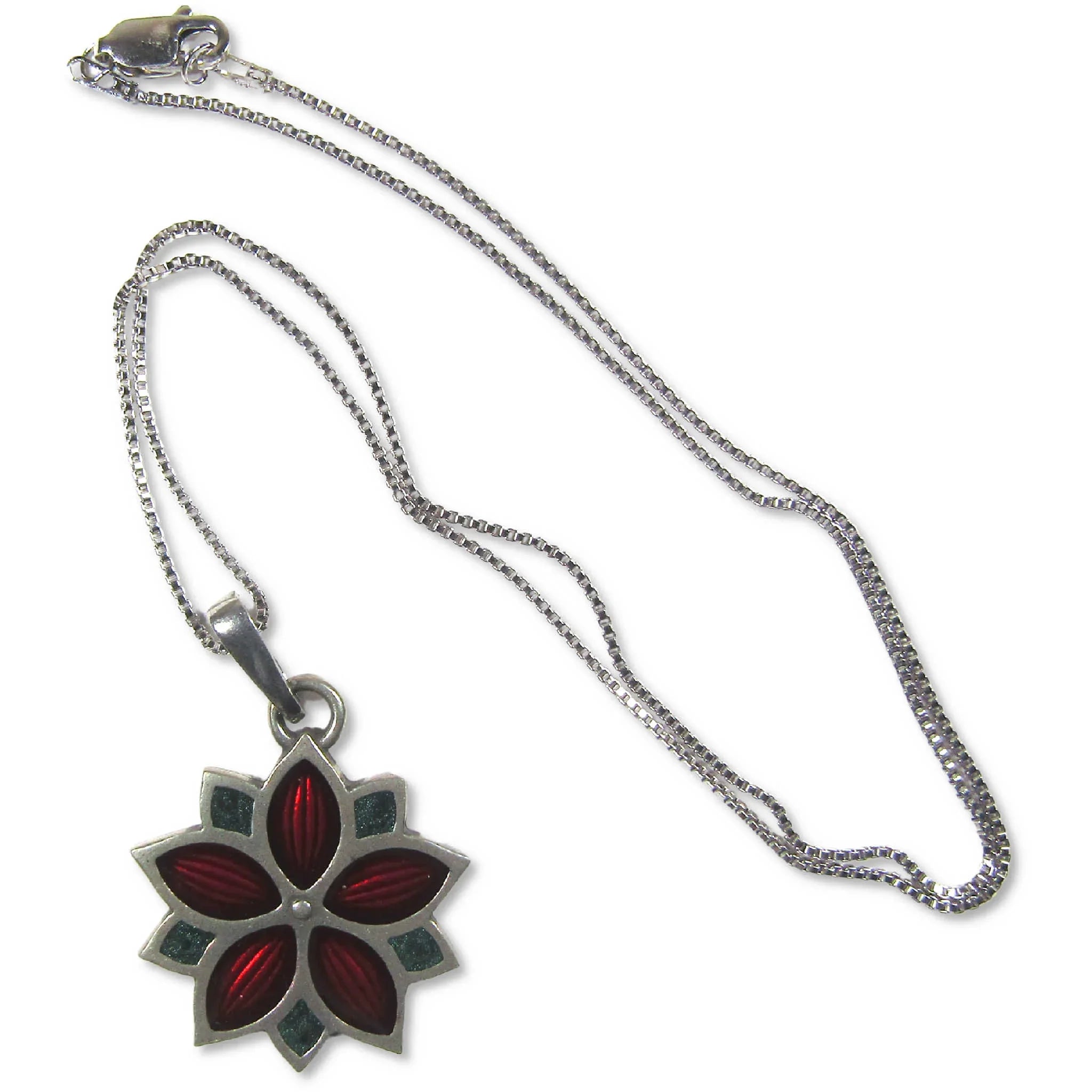 Poinsettia Starburst Pewter Necklace with Sterling Silver Chain