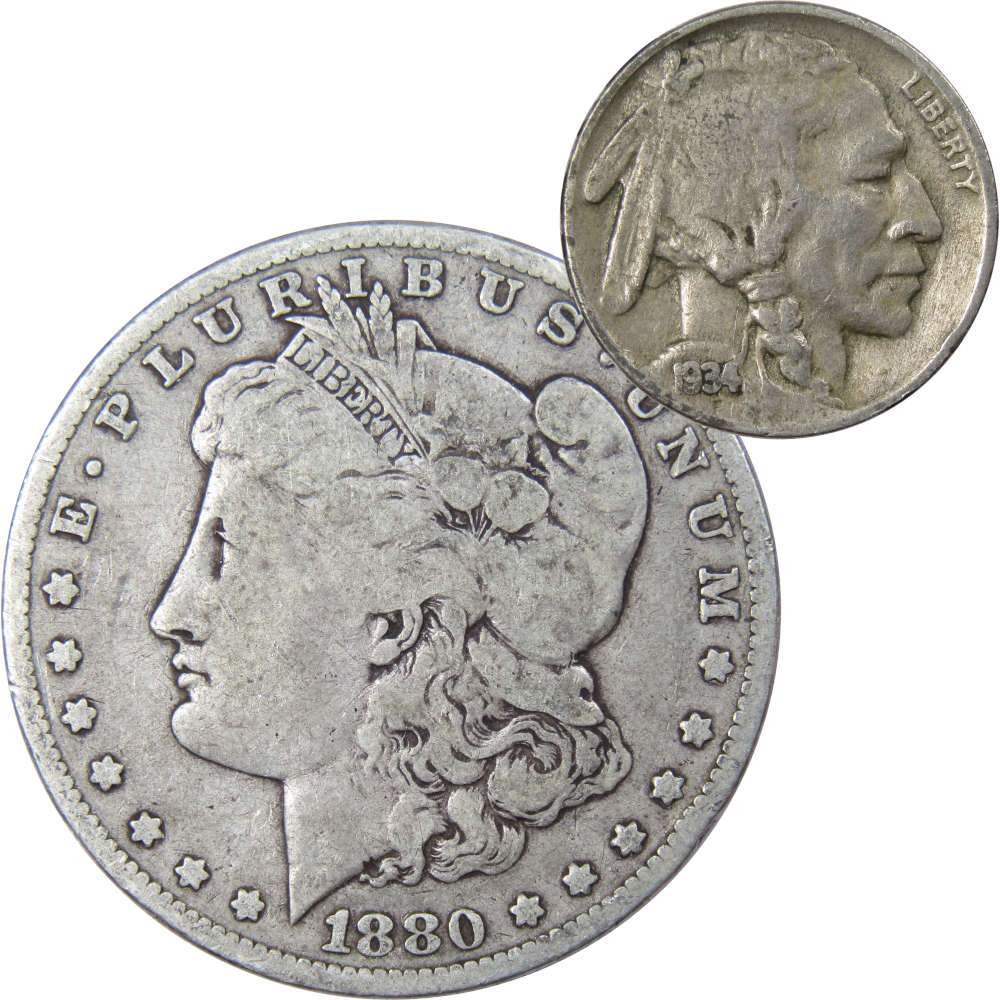 1880 O Morgan Silver Dollar VG Very Good with 1934 Buffalo Nickel Fine - Morgan coin - Morgan silver dollar - Morgan silver dollar for sale - Profile Coins & Collectibles