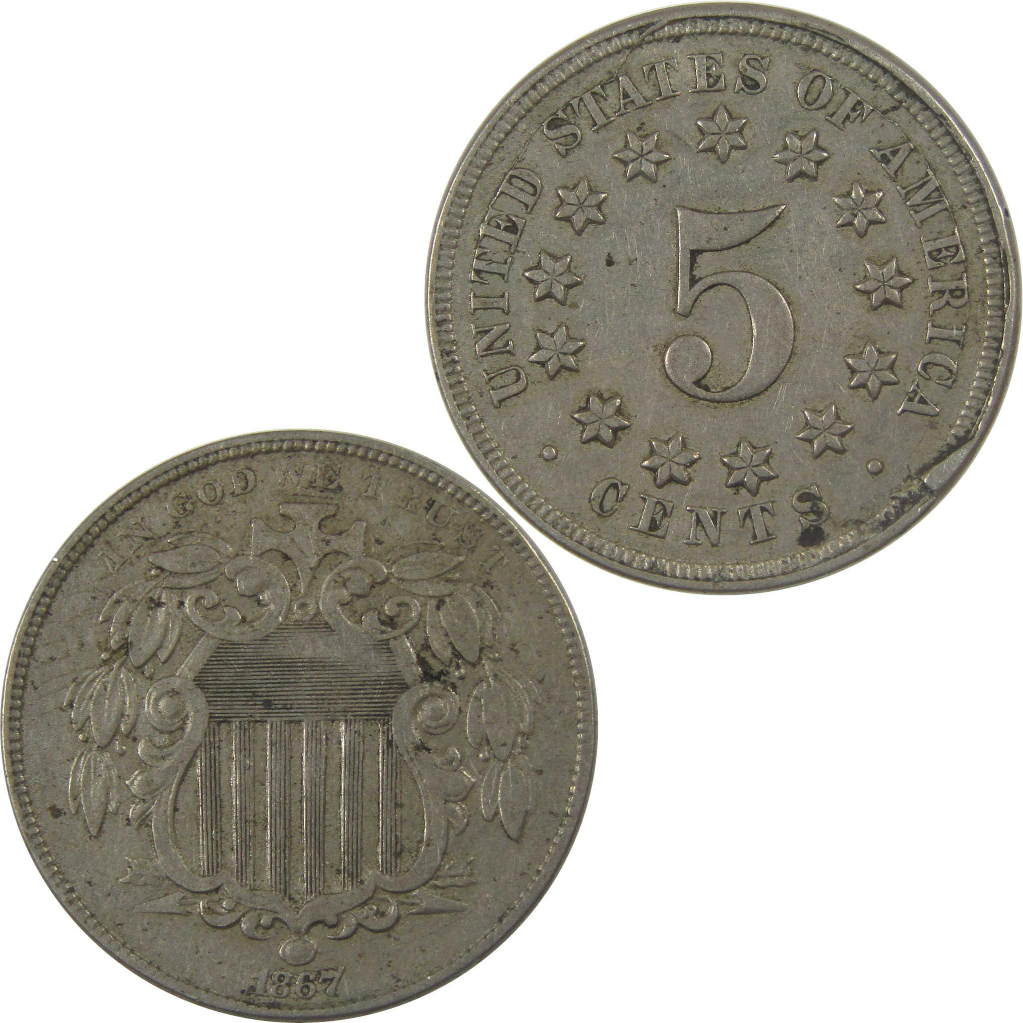 1867 No Rays Shield 5c XF EF Extremely Fine Cud Mint Error SKU:I24569