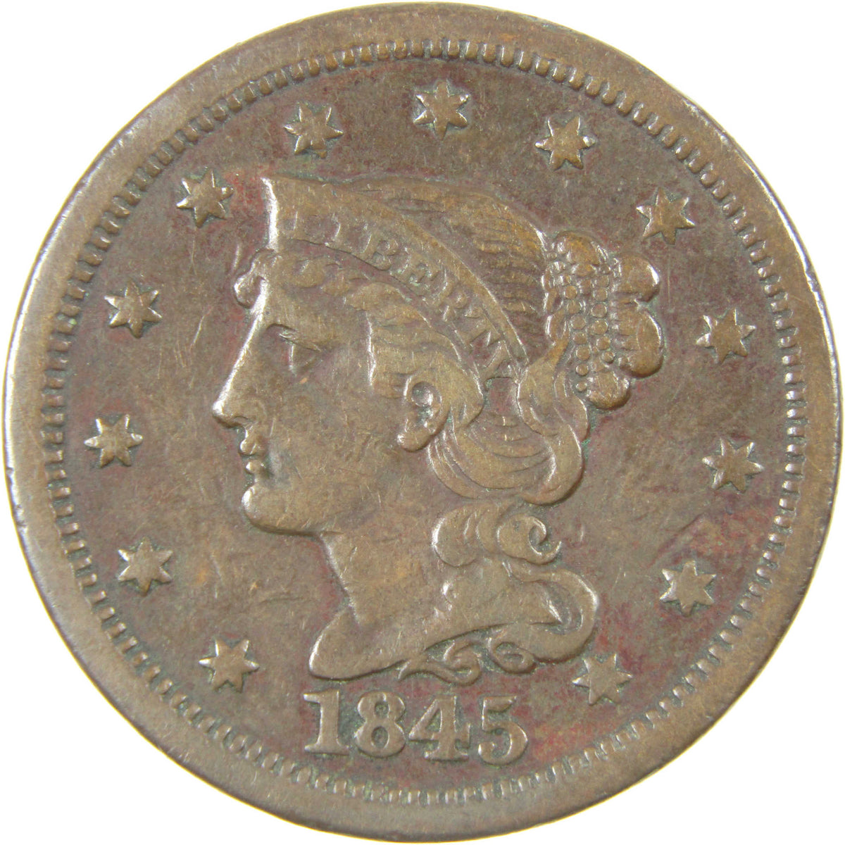 1845 Braided Hair Copper Large Cent VF Very Fine Penny 1c Coin