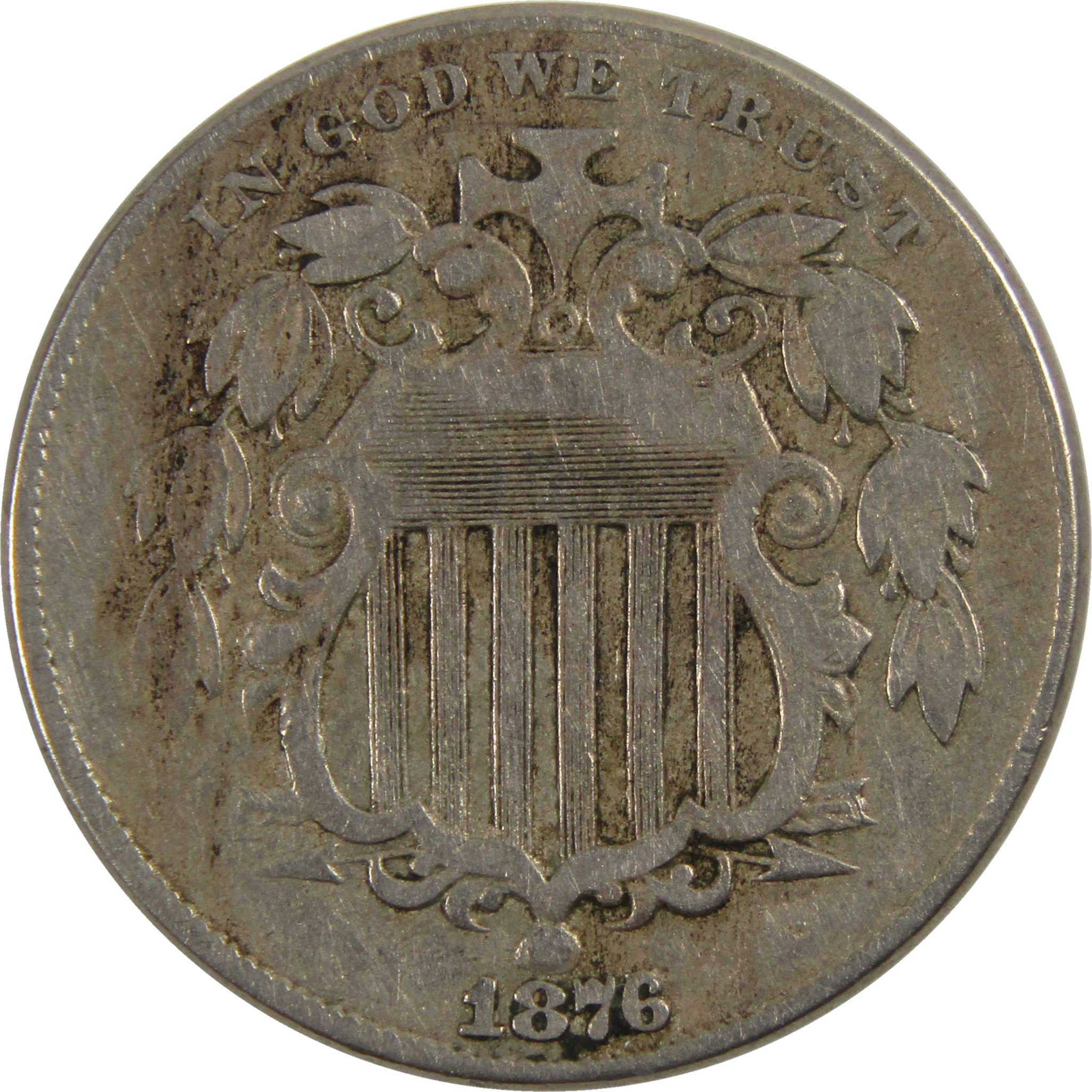 1876 Shield Nickel F Fine 5c Coin SKU:I8103