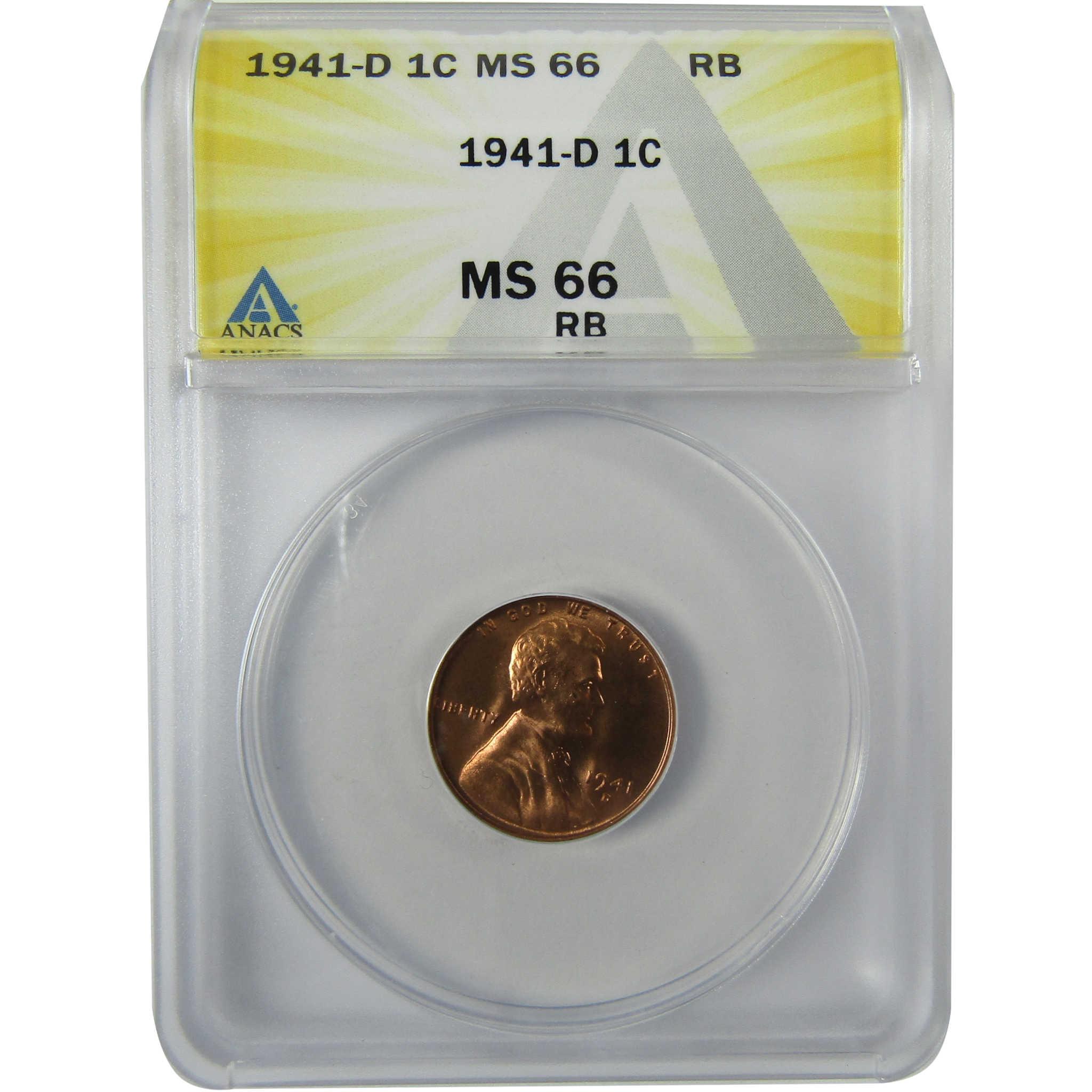 1941 D Lincoln Wheat Cent MS 66 RB ANACS Penny Uncirculated SKU:I27929