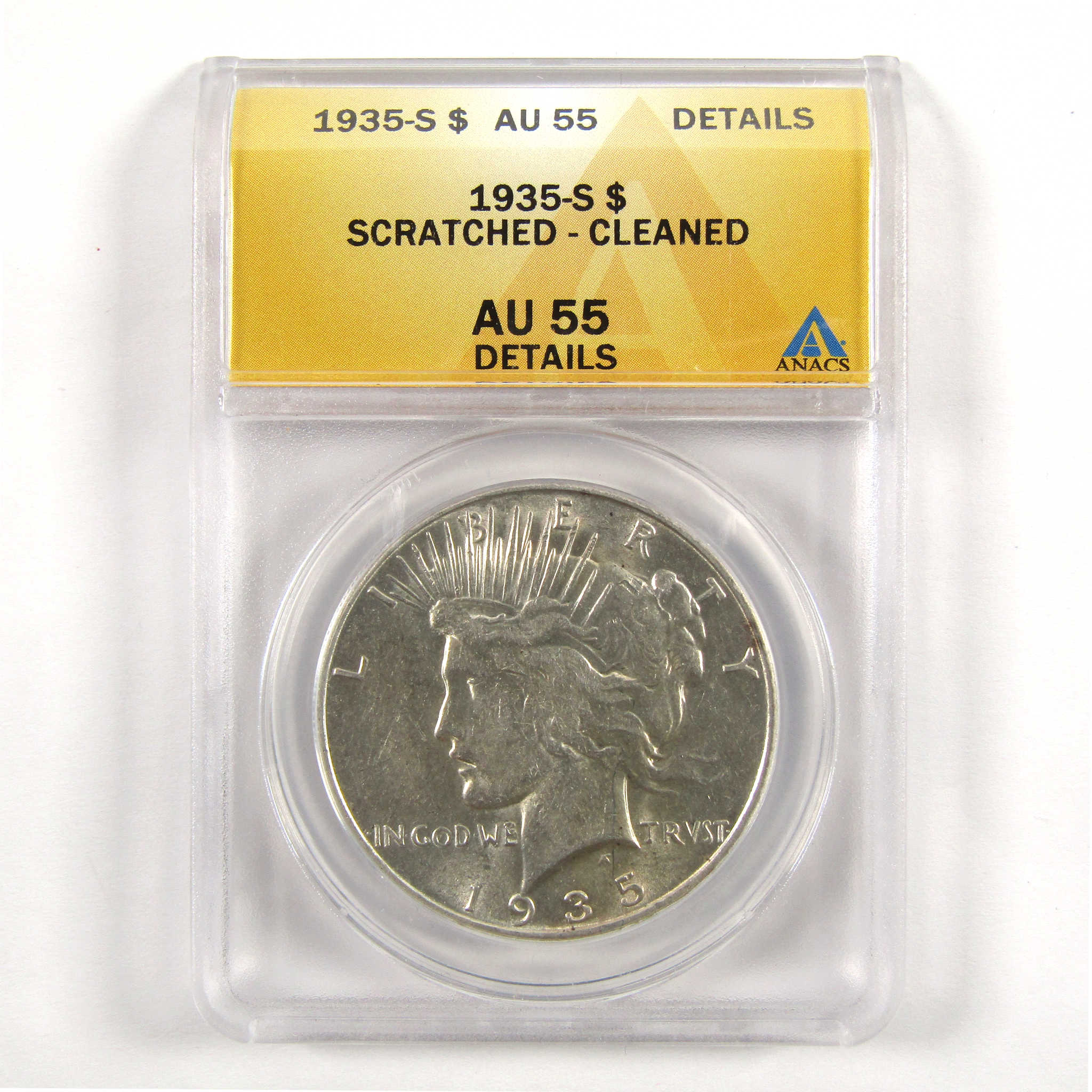 1935 S Peace Dollar AU 55 Details ANACS 90% Silver $1 Coin SKU:CPC5119