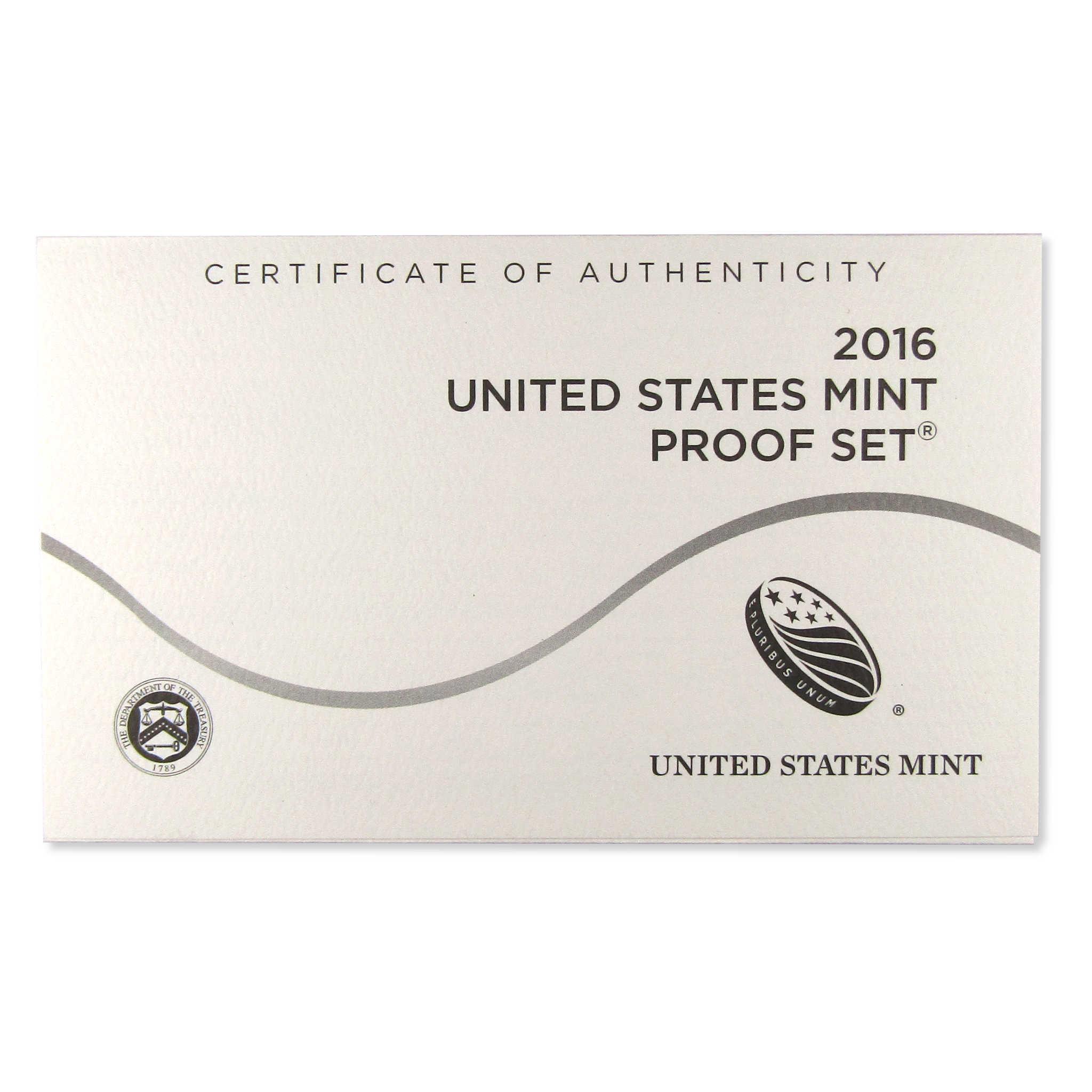 2016 United States Mint Proof Set certificate of authenticity with official seals