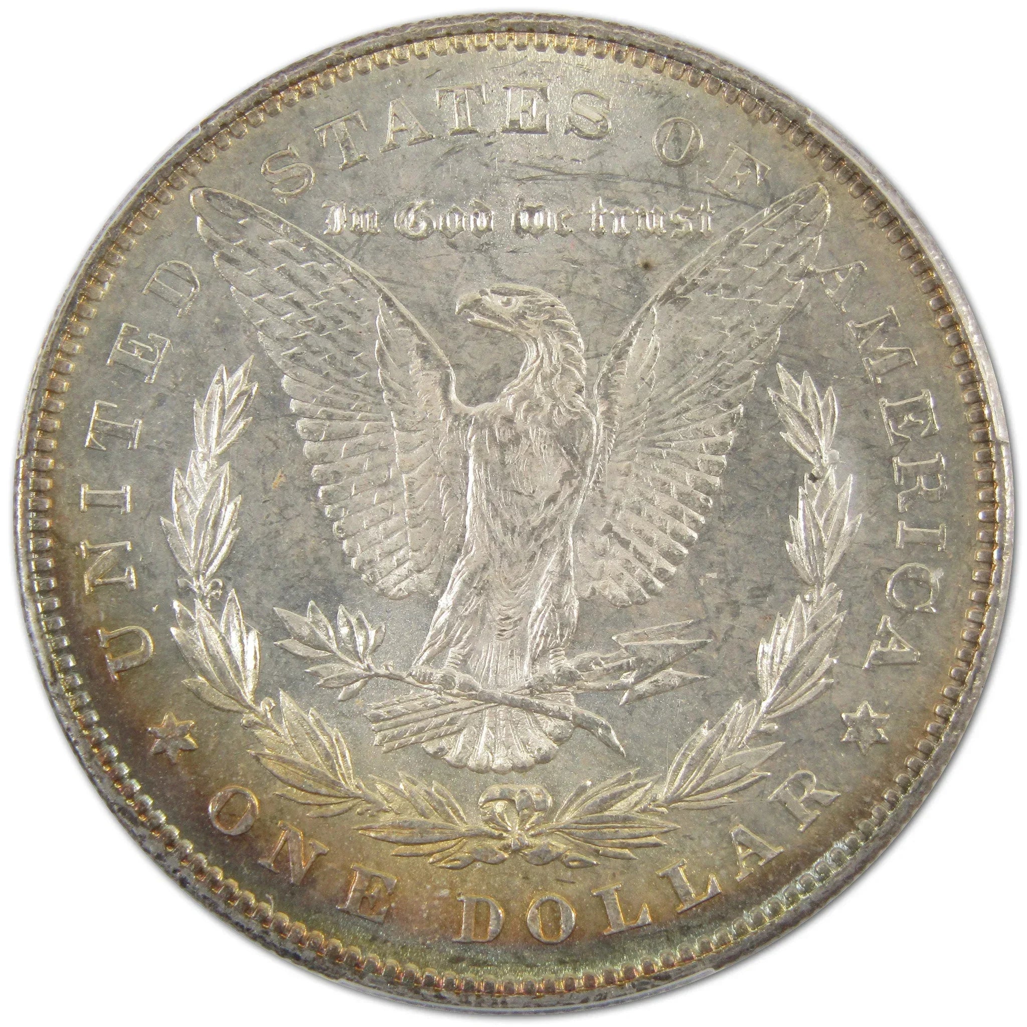 Reverse of a collectible silver Morgan dollar coin with eagle and laurel wreath design