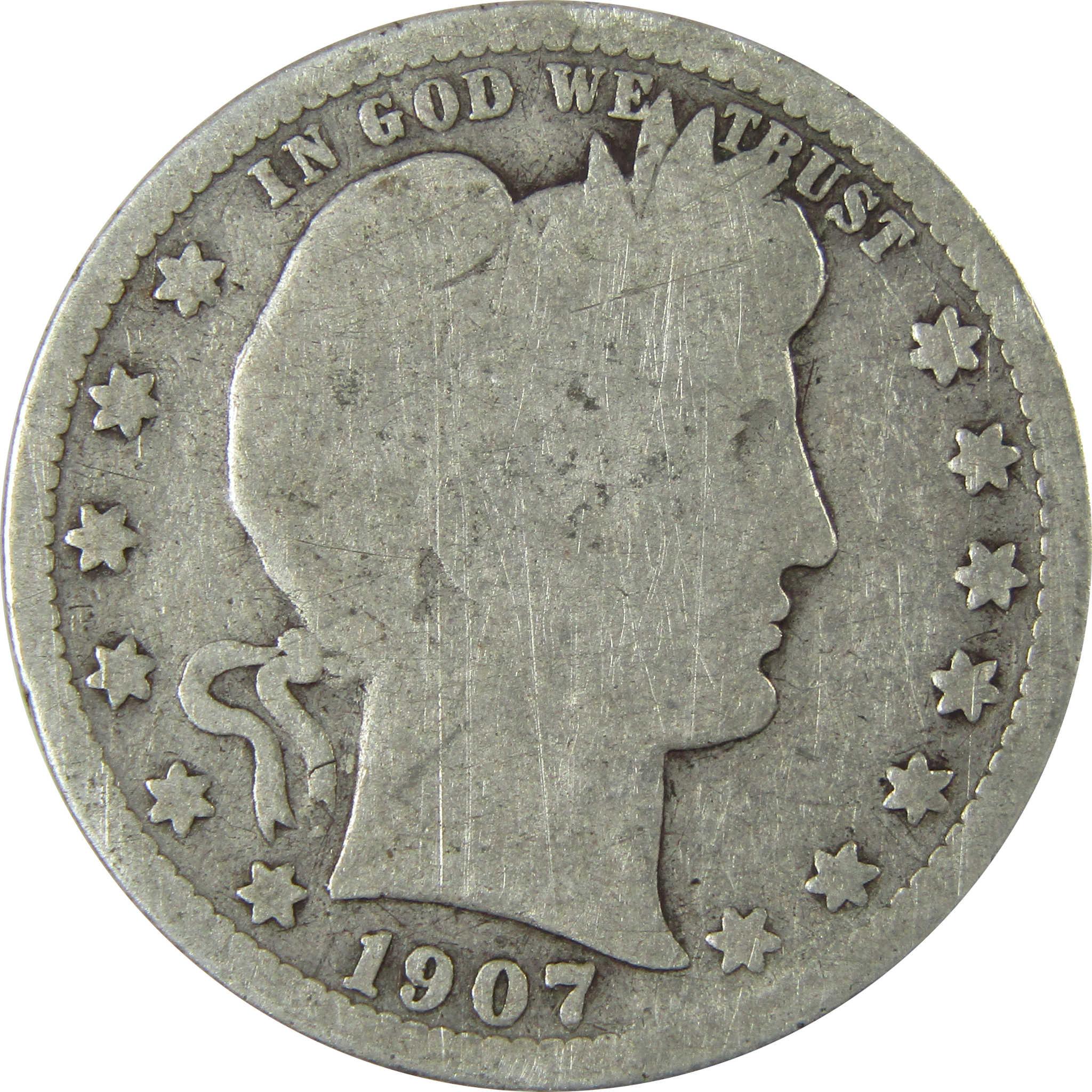 1907 S Barber Silver Quarter G Good 25c Coin SKU:CP890