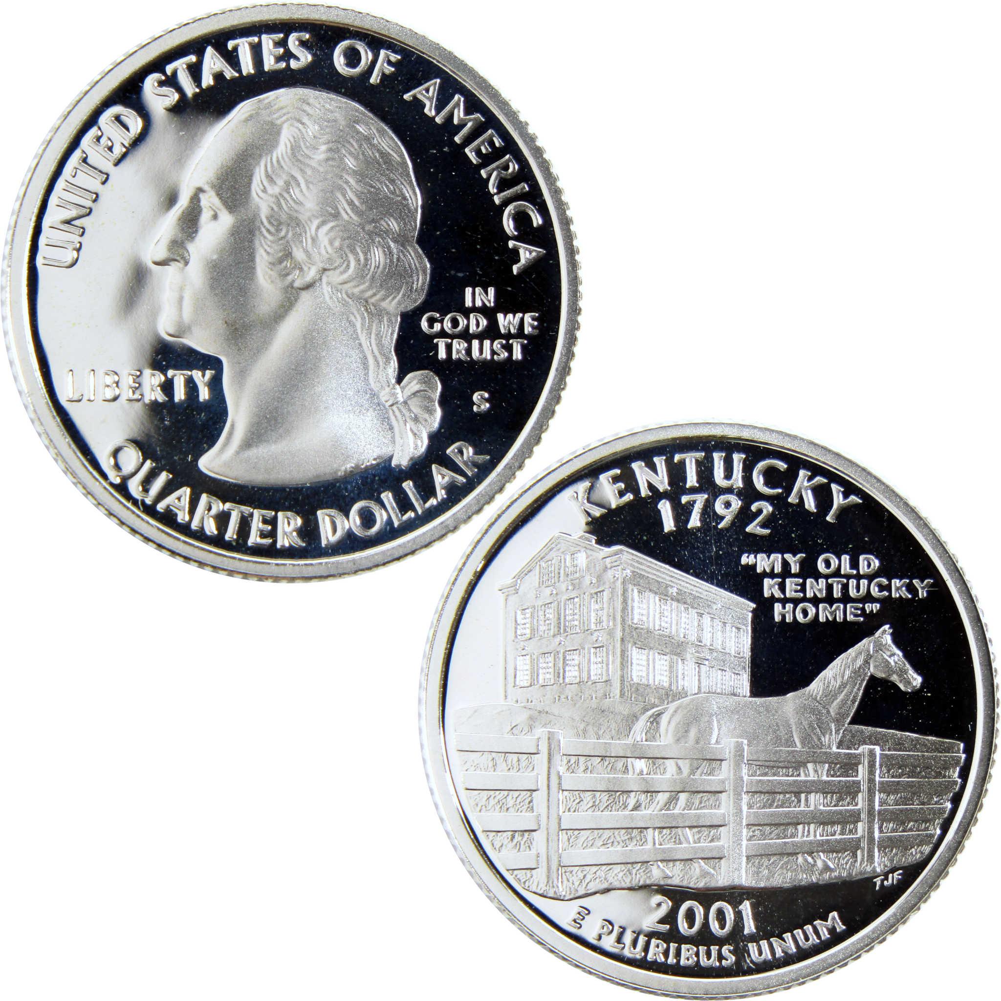 Kentucky 2001 quarter dollar coin with Washington portrait and horse at My Old Kentucky Home