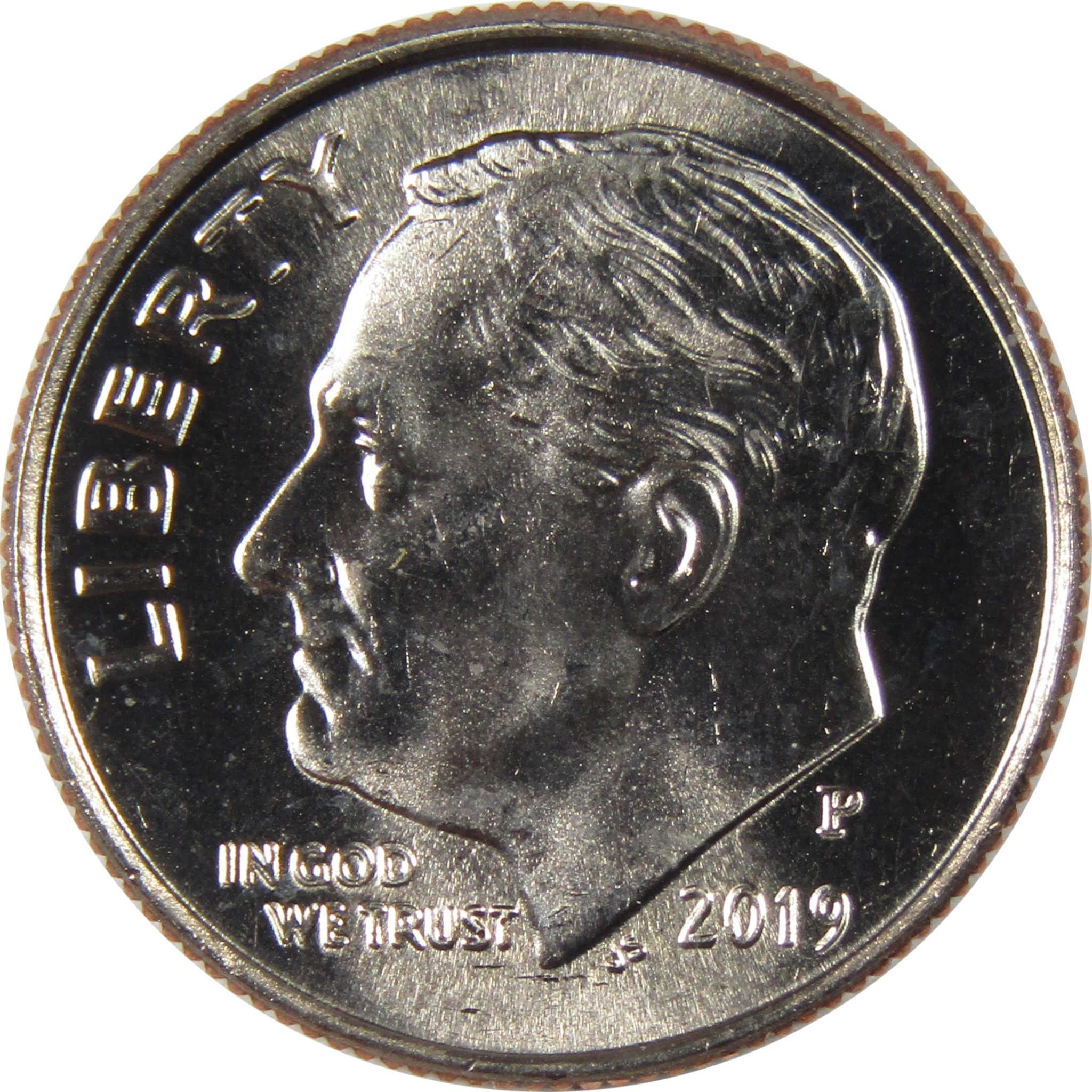 2019 Roosevelt dime coin obverse with LIBERTY, IN GOD WE TRUST, and P mint mark.