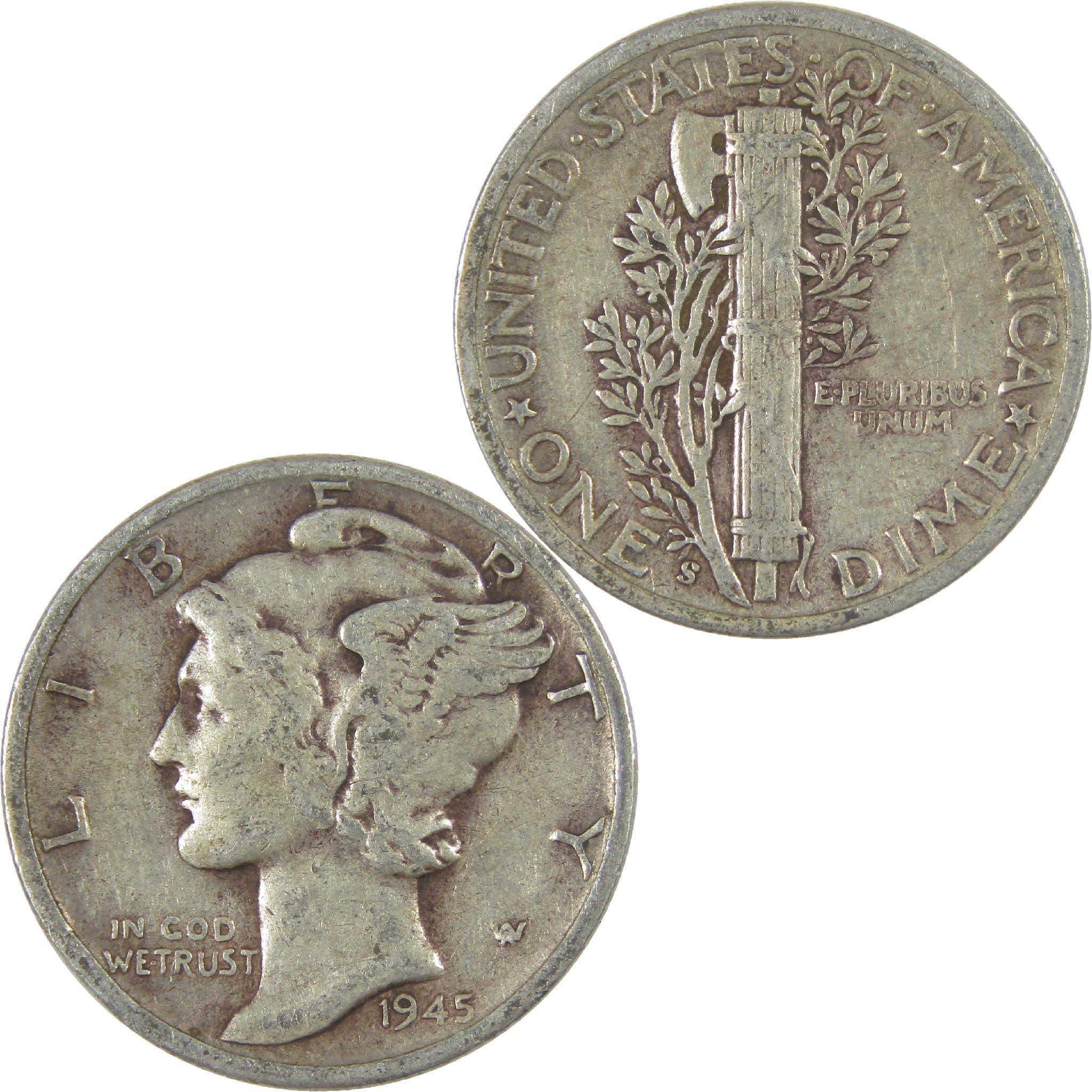 1945 S Mercury Dime F Fine Silver 10c Coin