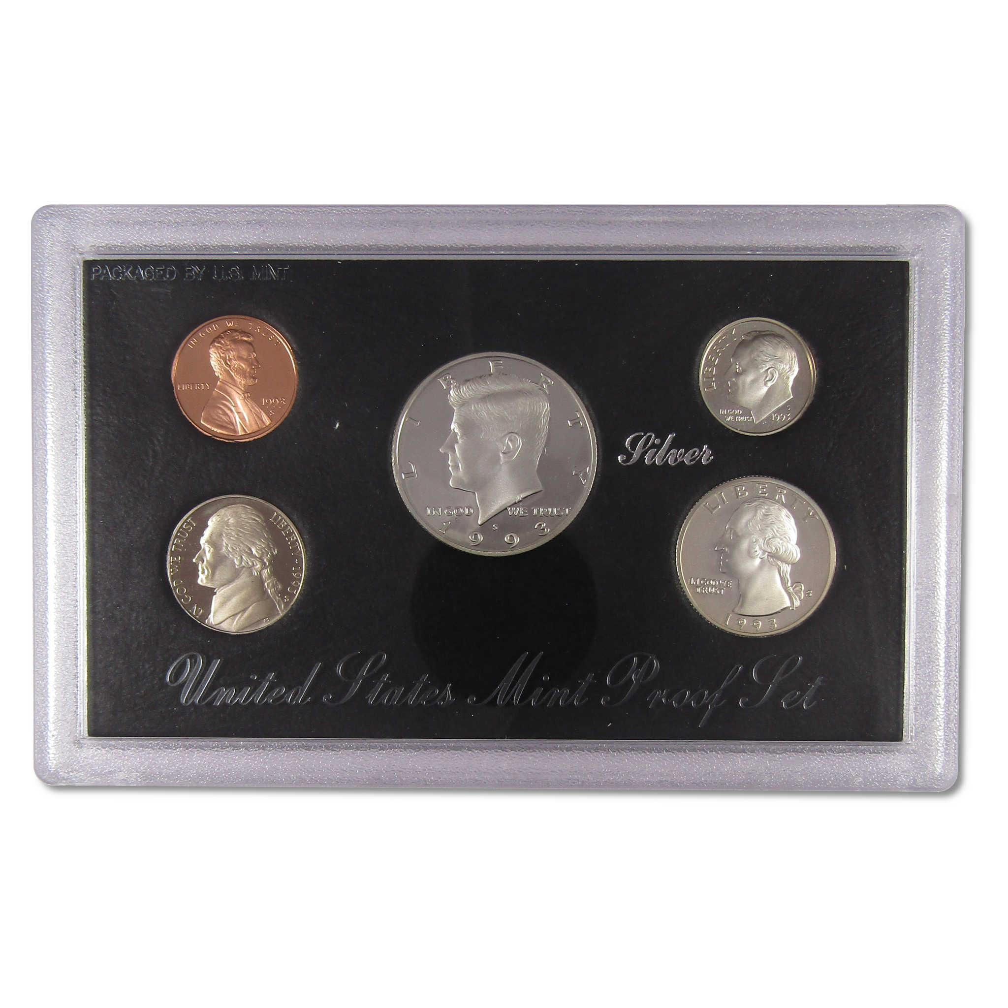 United States Mint proof coin set with Kennedy half dollar, quarter, dime, nickel, and penny in display case