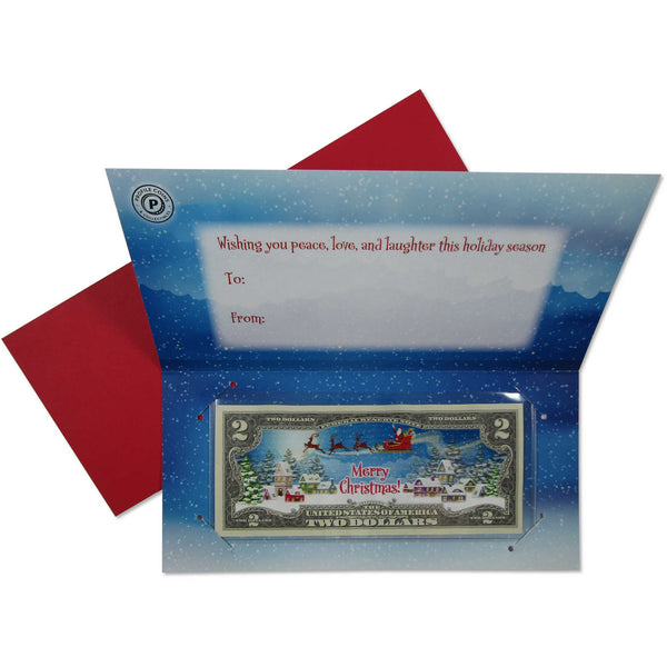 Santa's Sleigh Colorized $2 Federal Reserve Note Merry Christmas Card