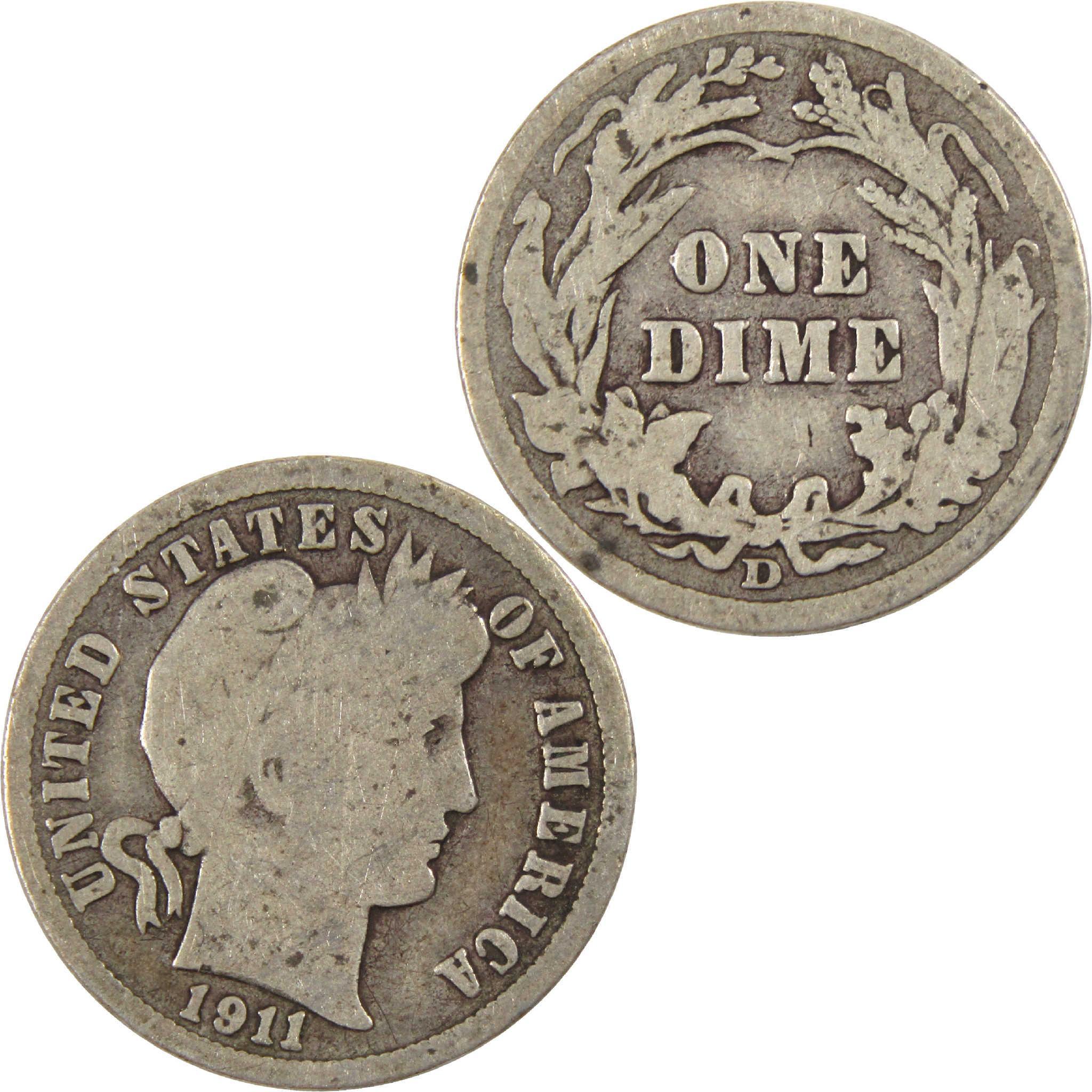 1911 D Barber Dime G Good Silver 10c Coin