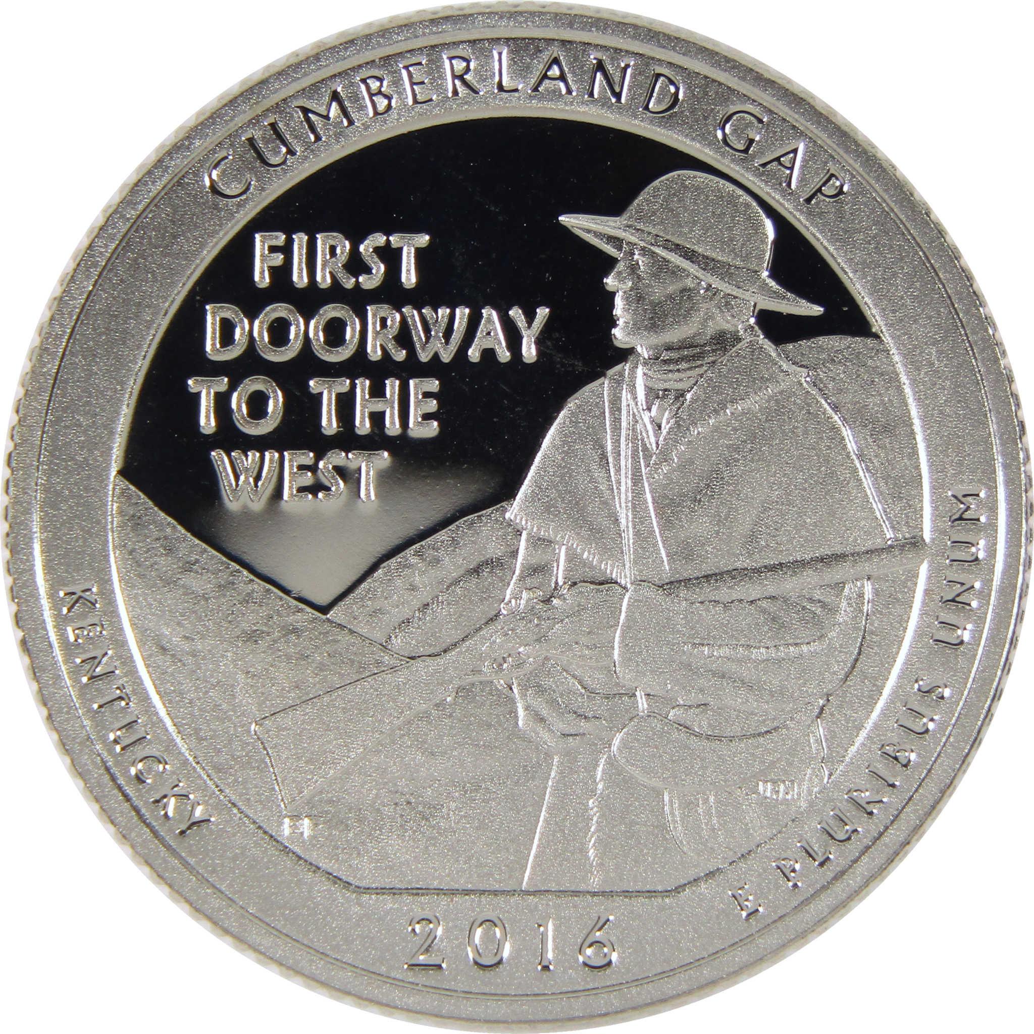 2016 Cumberland Gap Kentucky quarter featuring pioneer with rifle and engraved text.