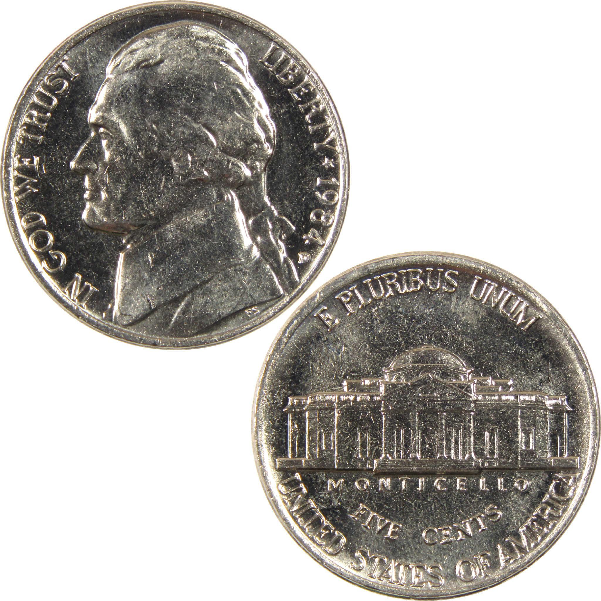 1984 Jefferson nickel, US five cent coin obverse and reverse sides, collectible currency