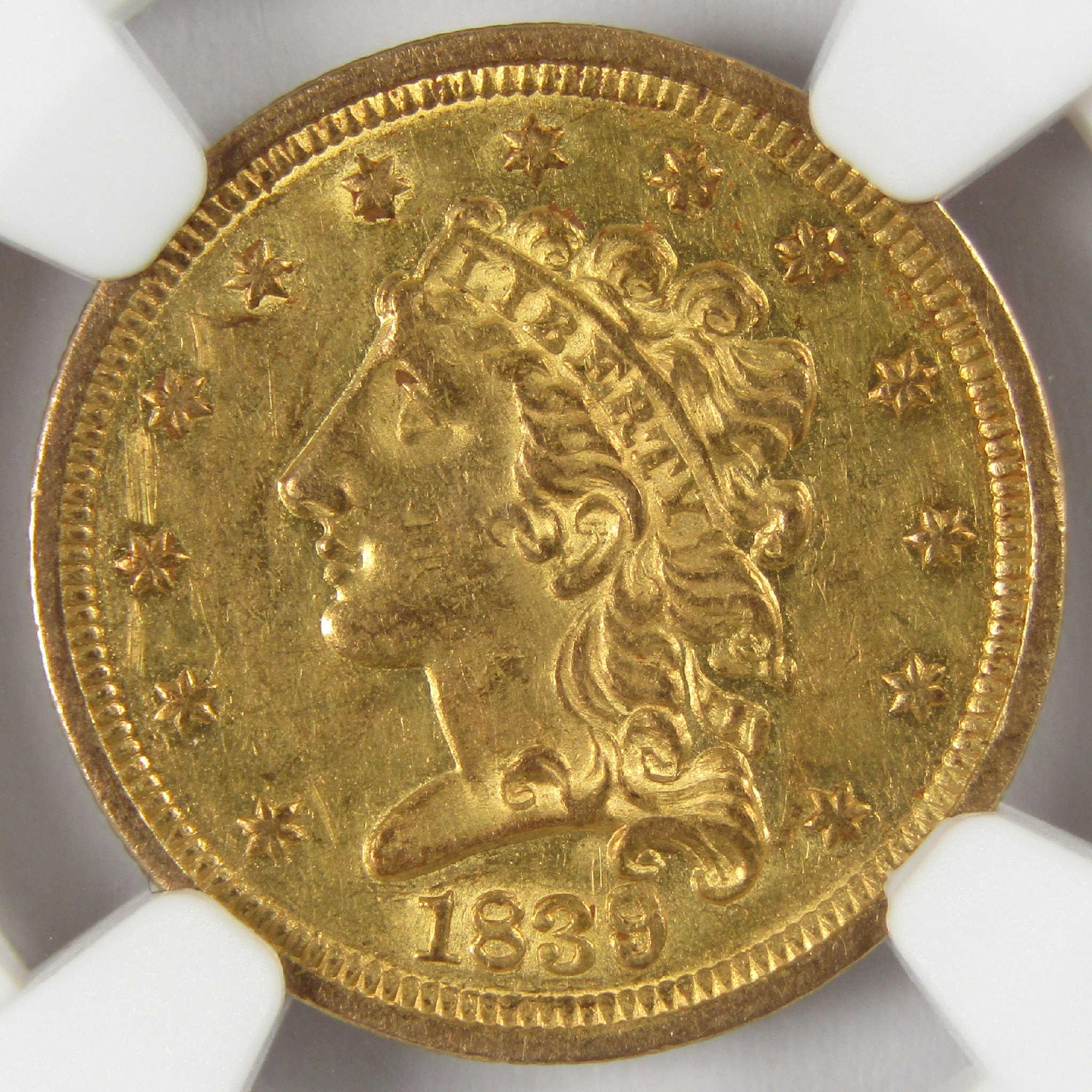 1839 Classic Head Gold $2.50 Quarter Eagle AU 58 NGC Coin Collectible
