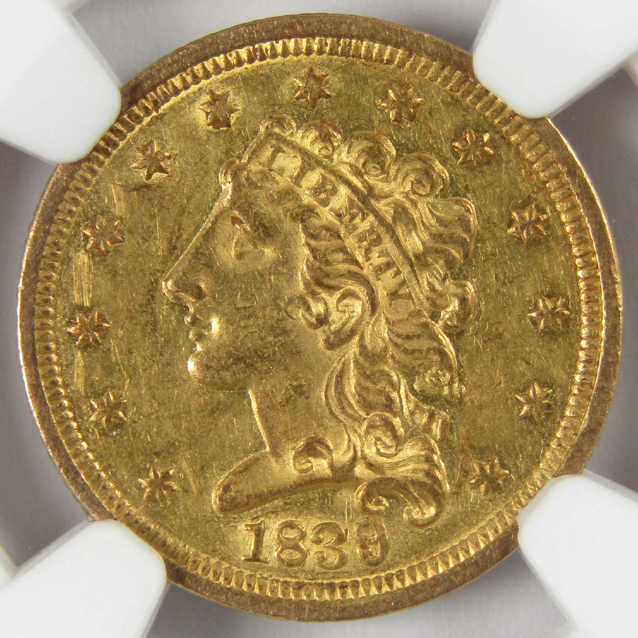 1839 $2.50 Classic Head Gold Quarter Eagle AU 58 NGC Coin Collectible