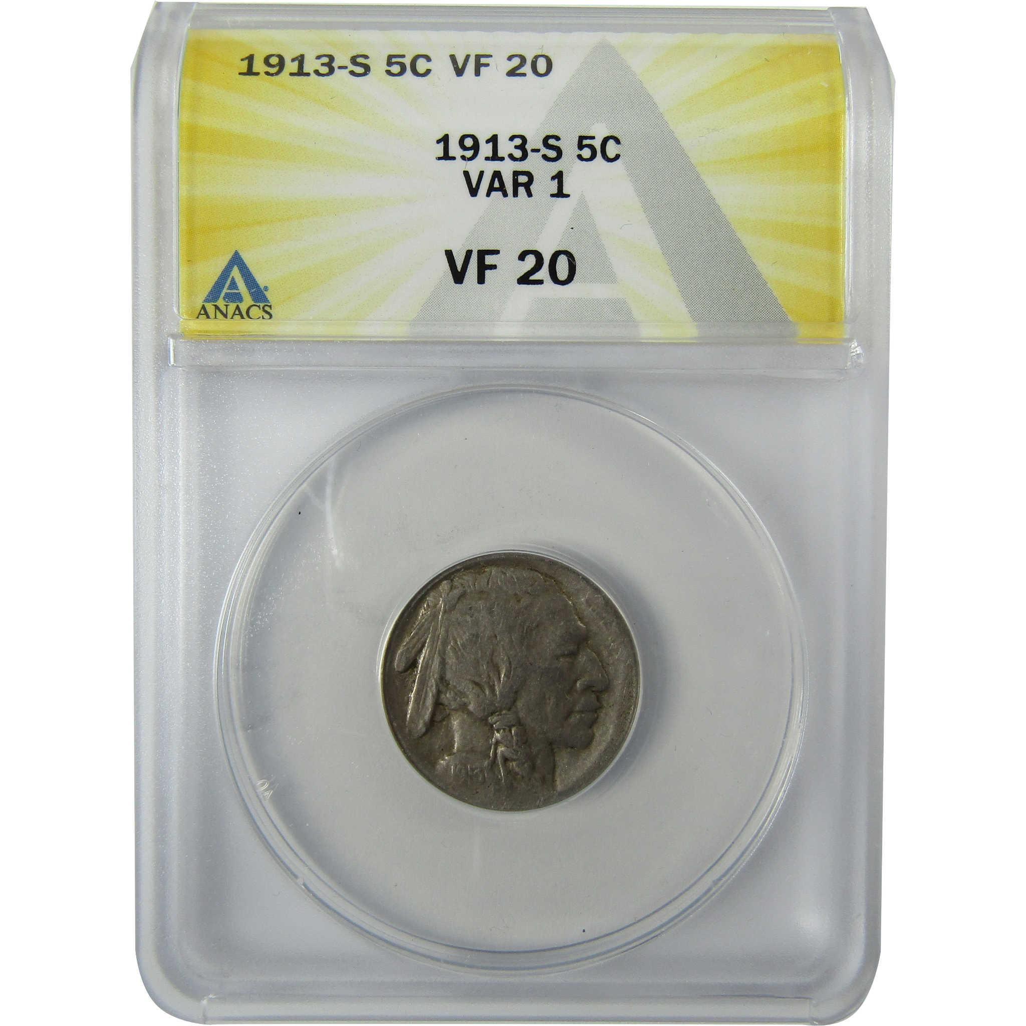 1913 S Type 1 Indian Head Buffalo Nickel VF 20 ANACS 5c Coin SKU:CP560
