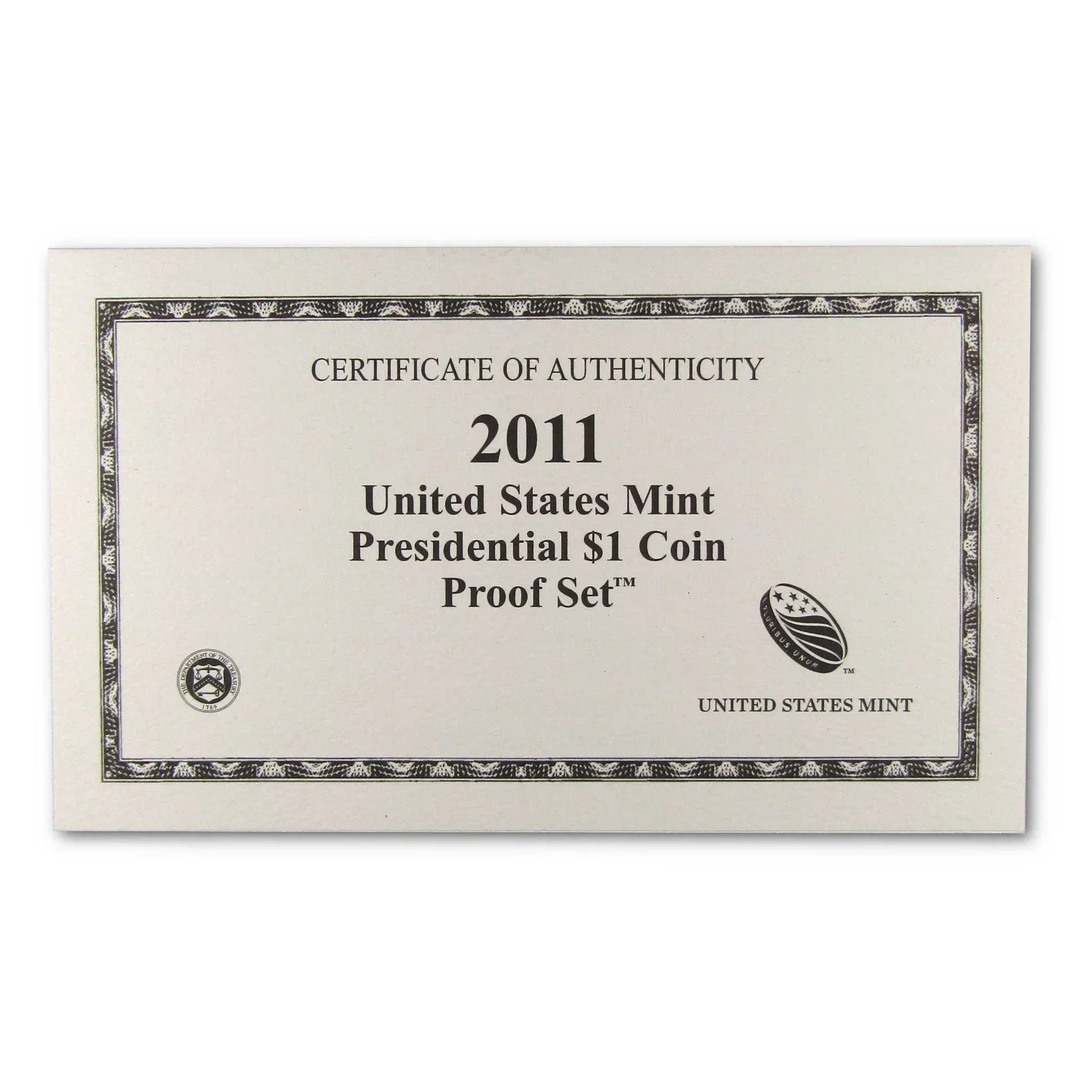 2011 United States Mint Presidential $1 Coin Proof Set certificate of authenticity