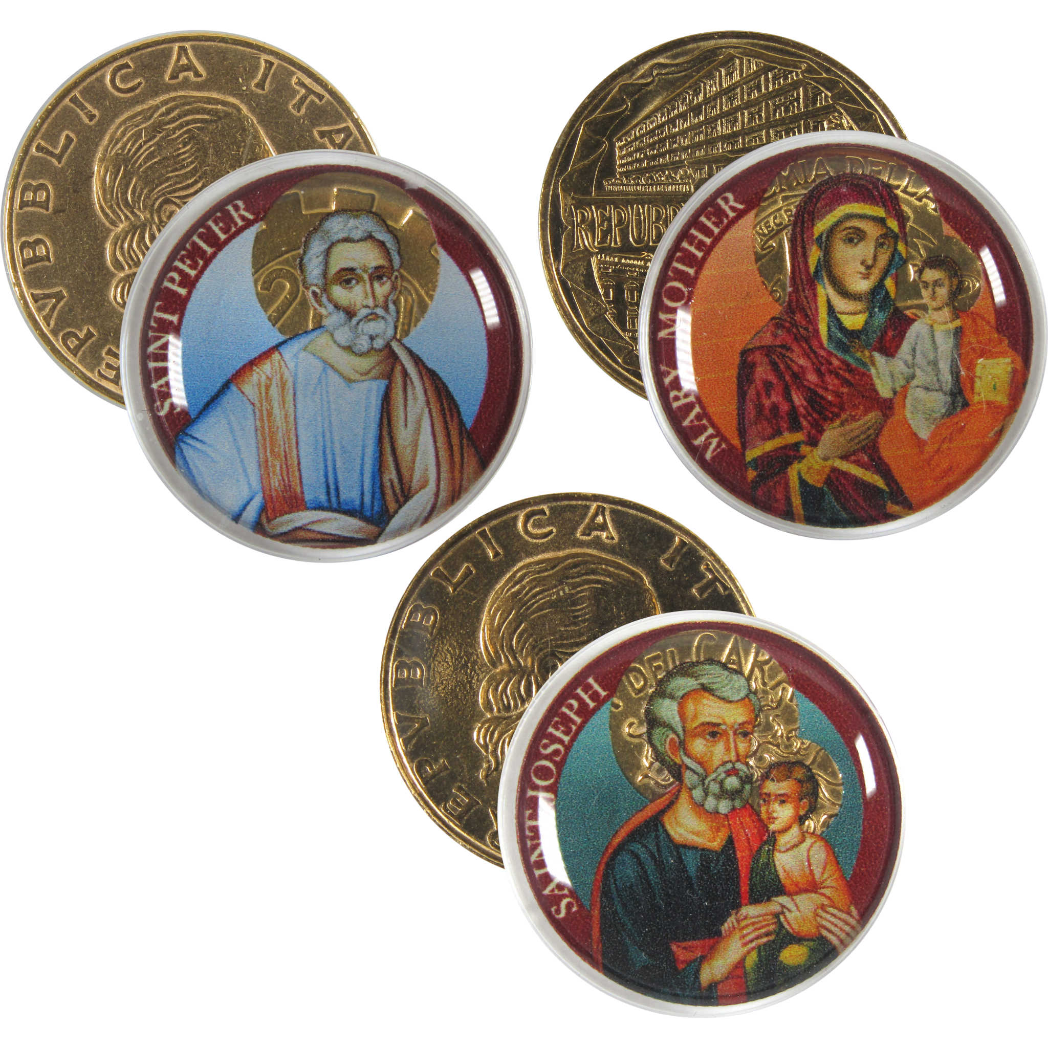 Catholic Saints Gold-Plated & Colorized Italy 200 Lire 7-Coin Set