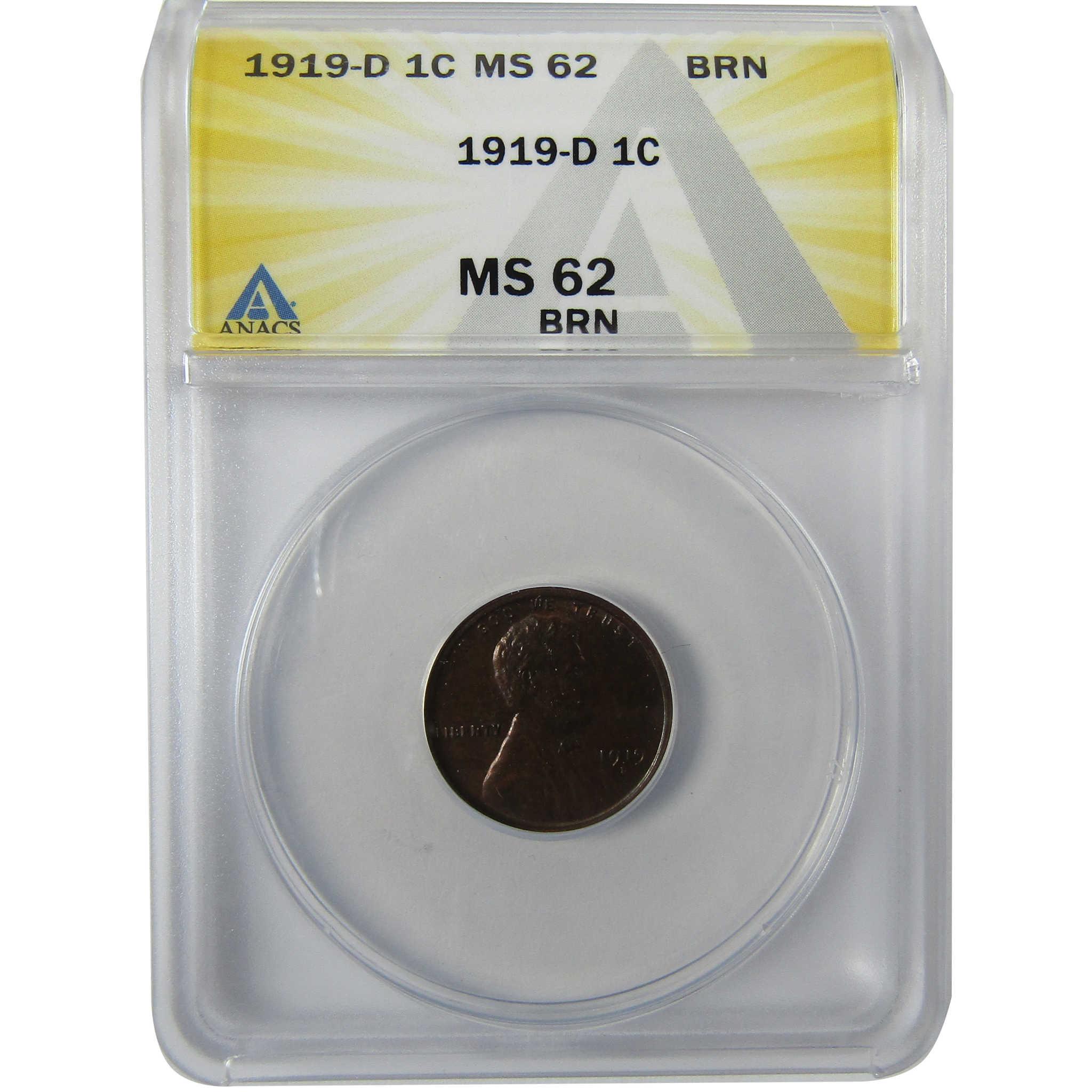 1919 D Lincoln Wheat Cent MS 62 BN ANACS Penny Uncirculated SKU:I27942
