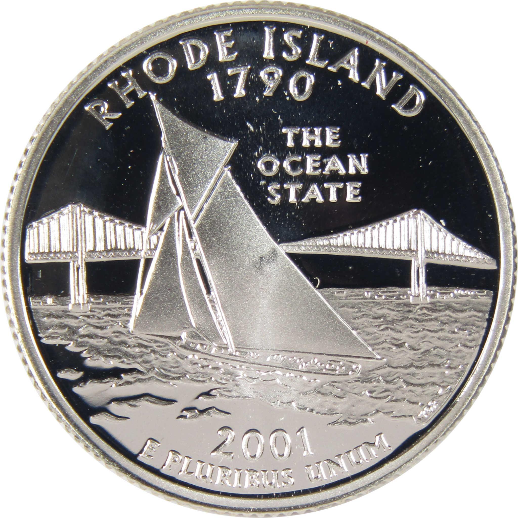 Rhode Island 2001 state quarter featuring sailboat, bridge, ocean waves, collectible coin