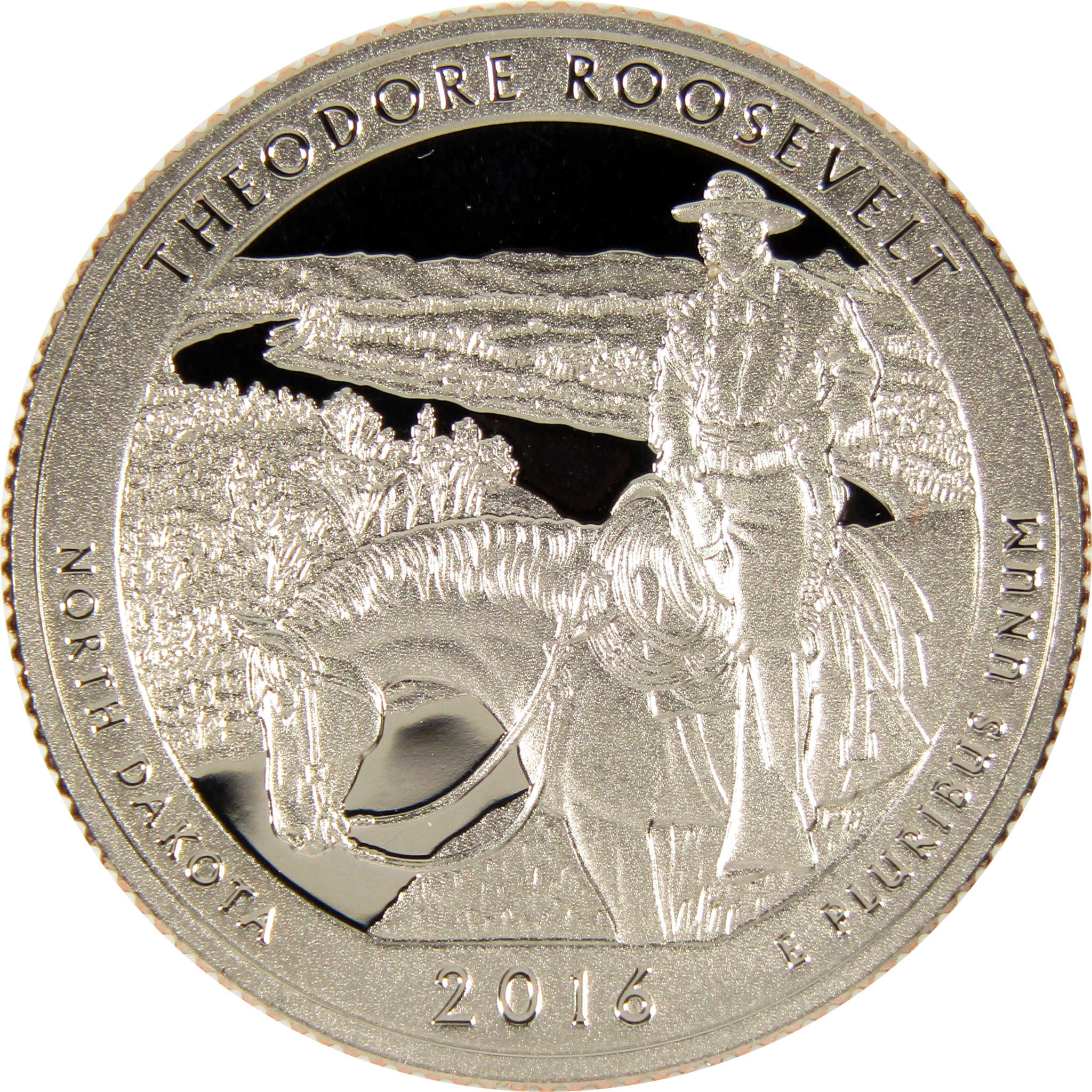 2016 Theodore Roosevelt North Dakota commemorative quarter featuring a horseback rider.