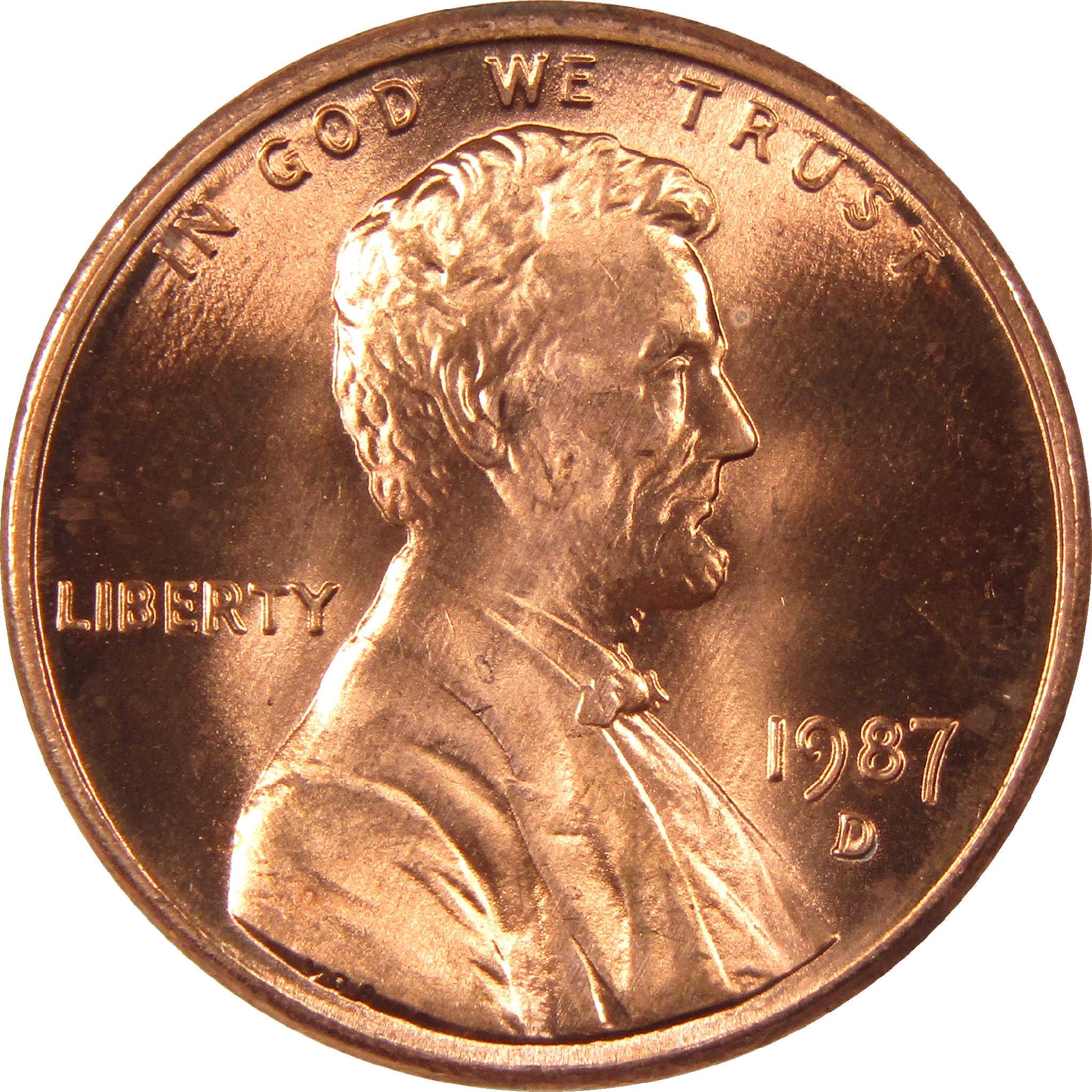 1987 D Lincoln penny coin with LIBERTY inscription, collectible US currency