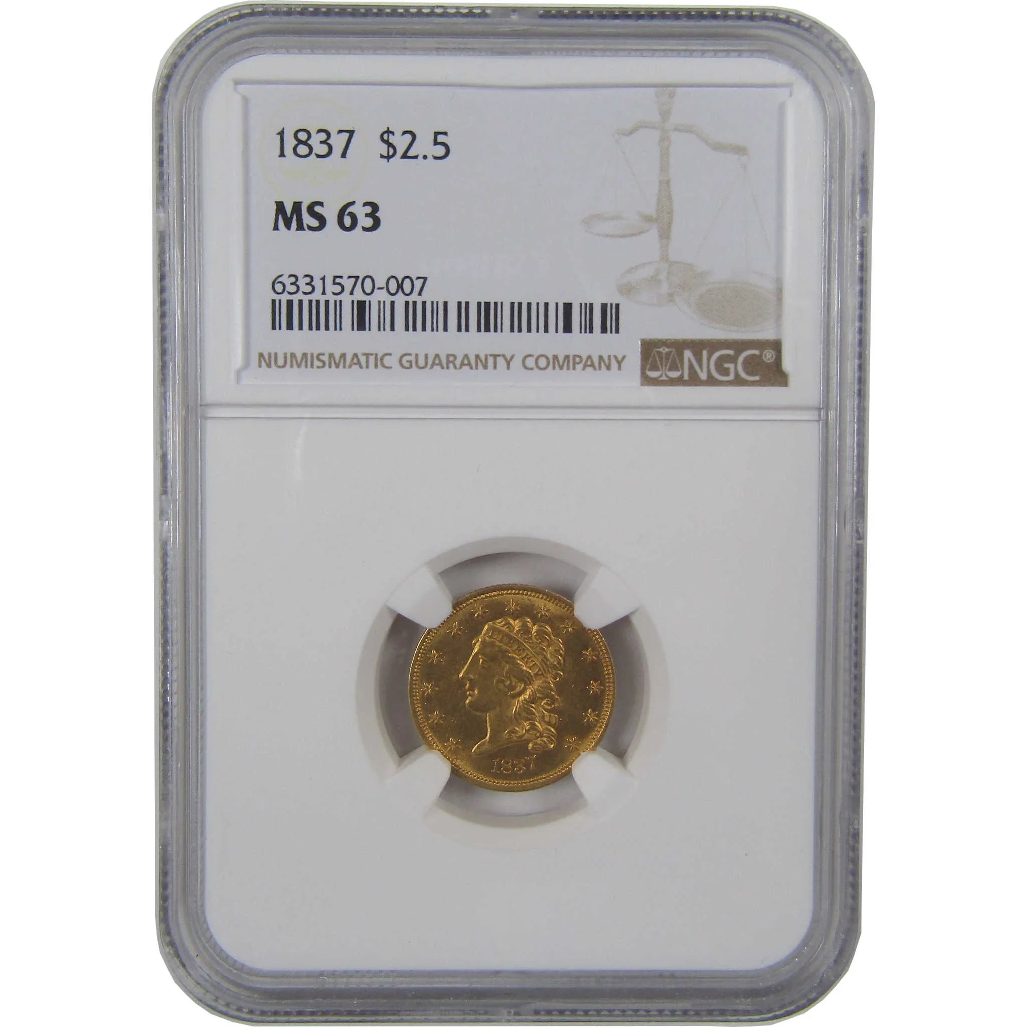 1837 Classic Head Gold Quarter Eagle MS 63 NGC Uncirculated $2.50 Coin