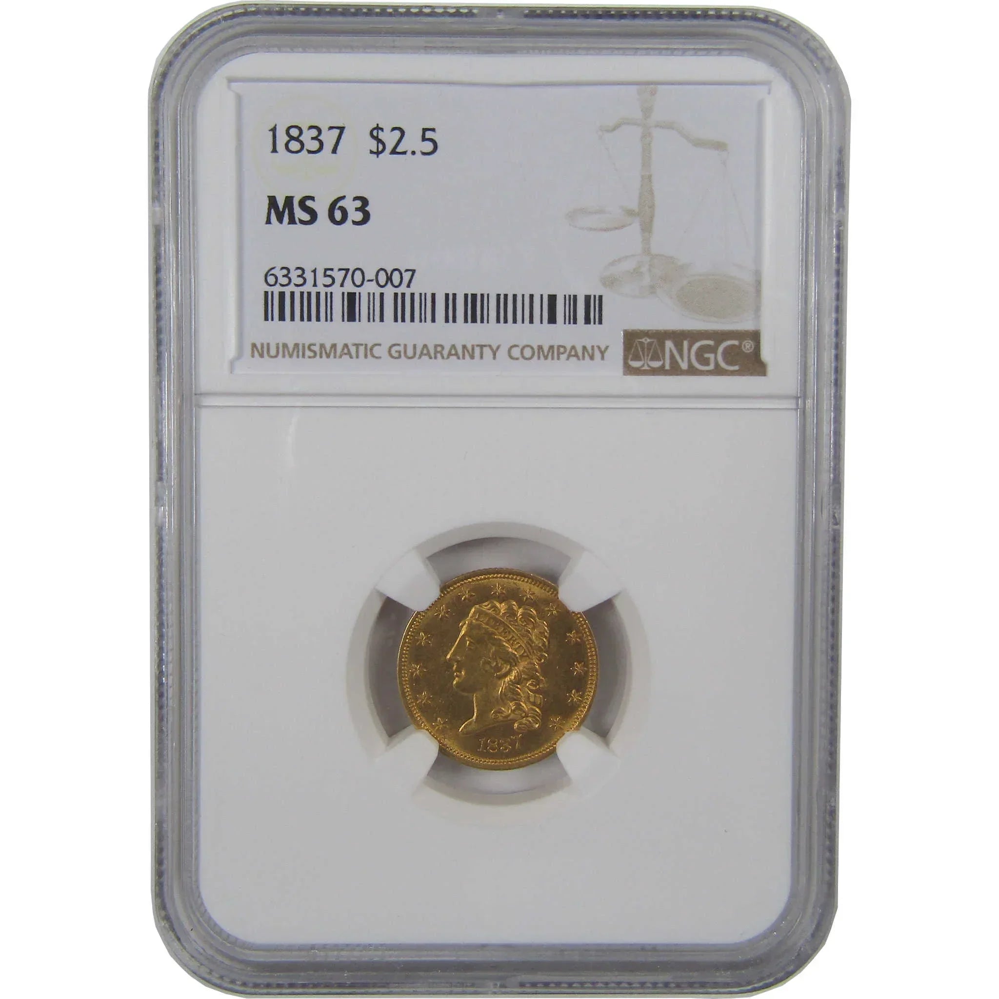 1837 Classic Head Gold Quarter Eagle MS 63 NGC Uncirculated $2.50 Coin