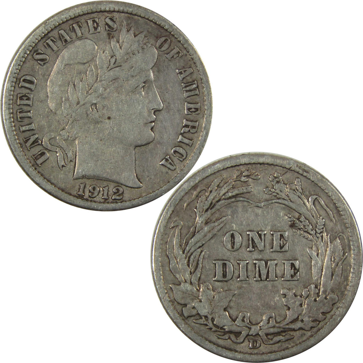 1912 D Barber Silver Dime VF Very Fine 10c Coin Collectible SKU:CP1333