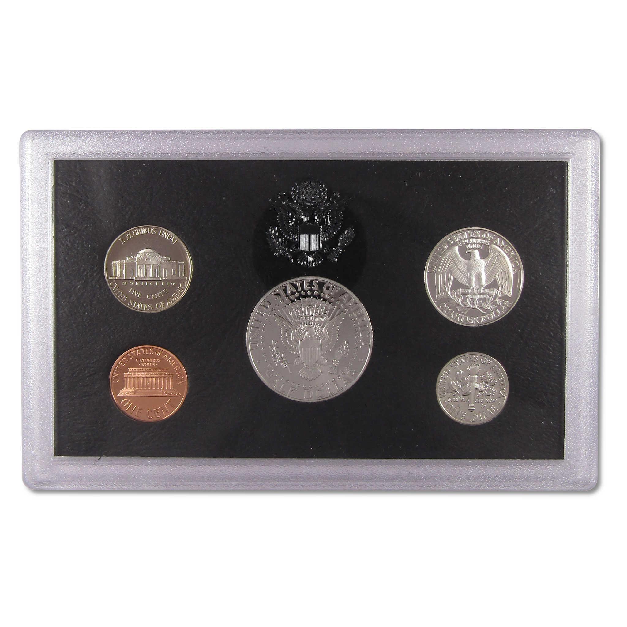 United States proof coin set in clear display case, collectible coins on black background