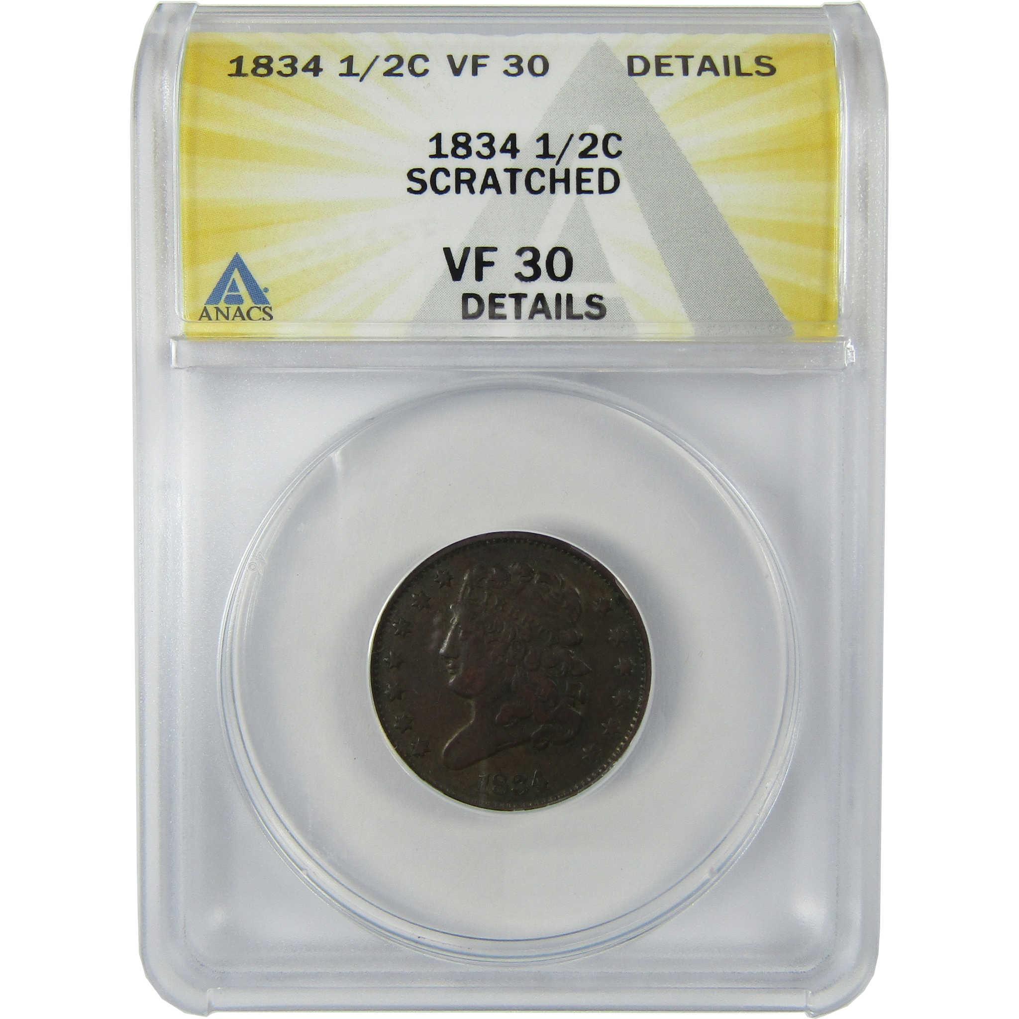 1834 Classic Head Copper Half Cent VF 30 Details ANACS Penny SKU:CP198