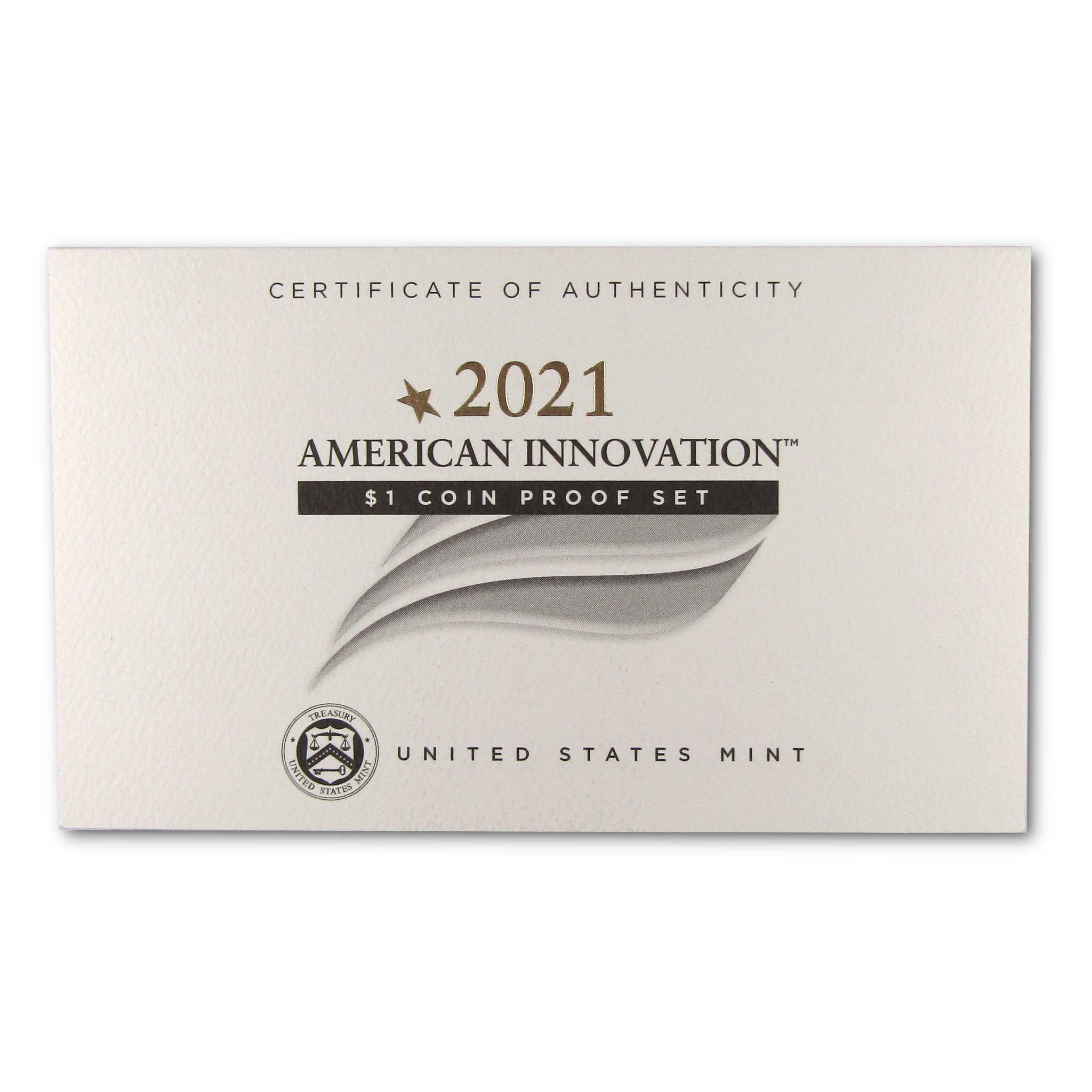 2021 American Innovation $1 Coin Proof Set certificate of authenticity, United States Mint