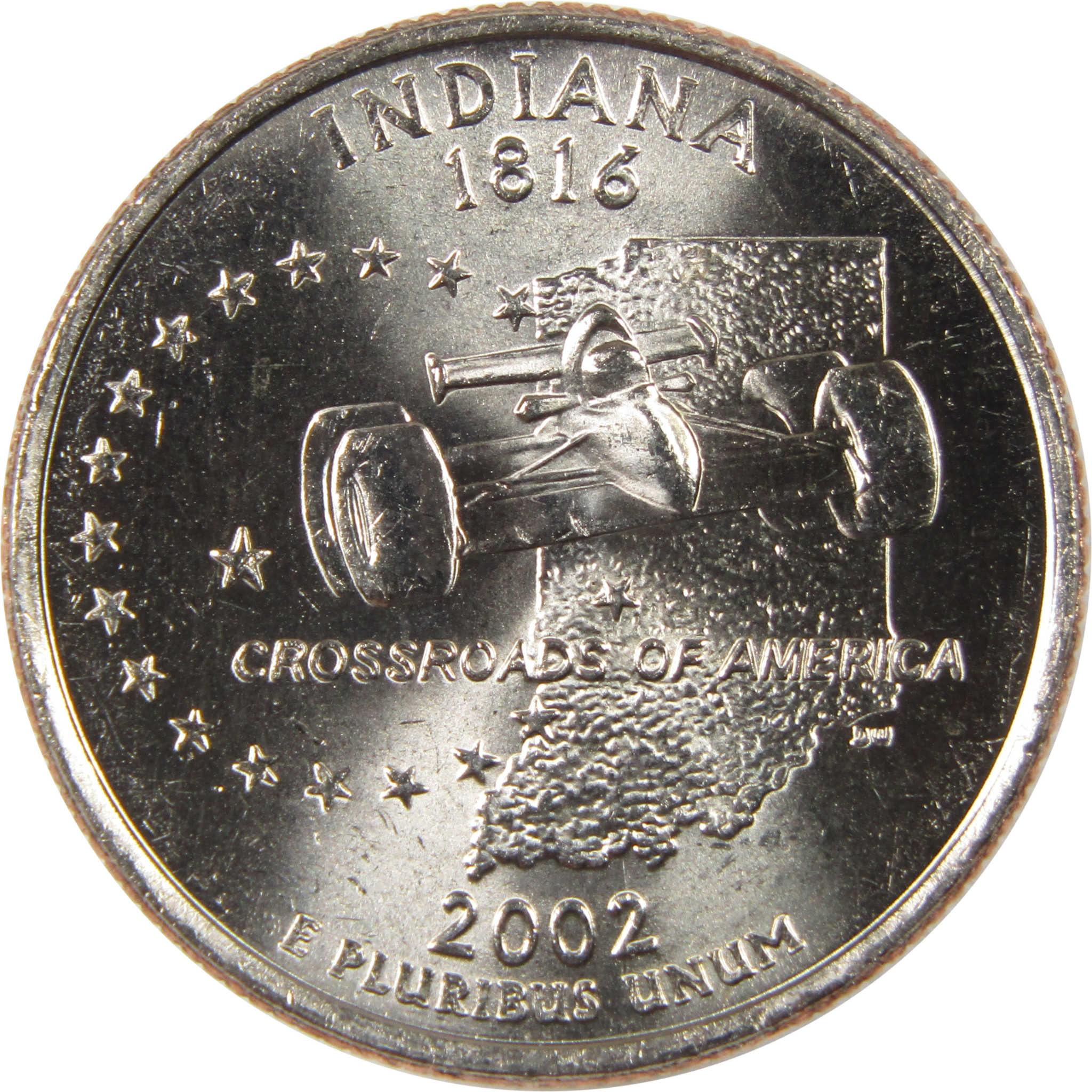 2002 Indiana state quarter featuring an Indy car and state outline, collectible coin